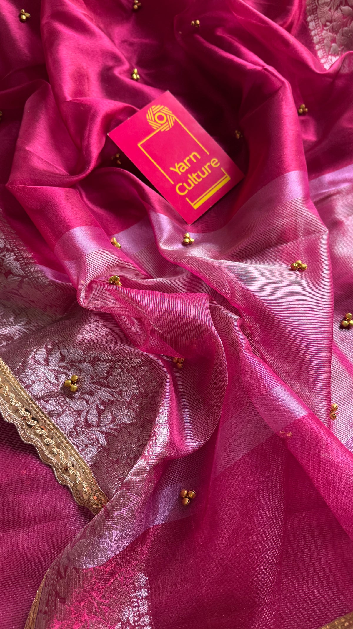 Raspberry pink silver tissue Banarasi saree with lace zari border - YCBLTOC68