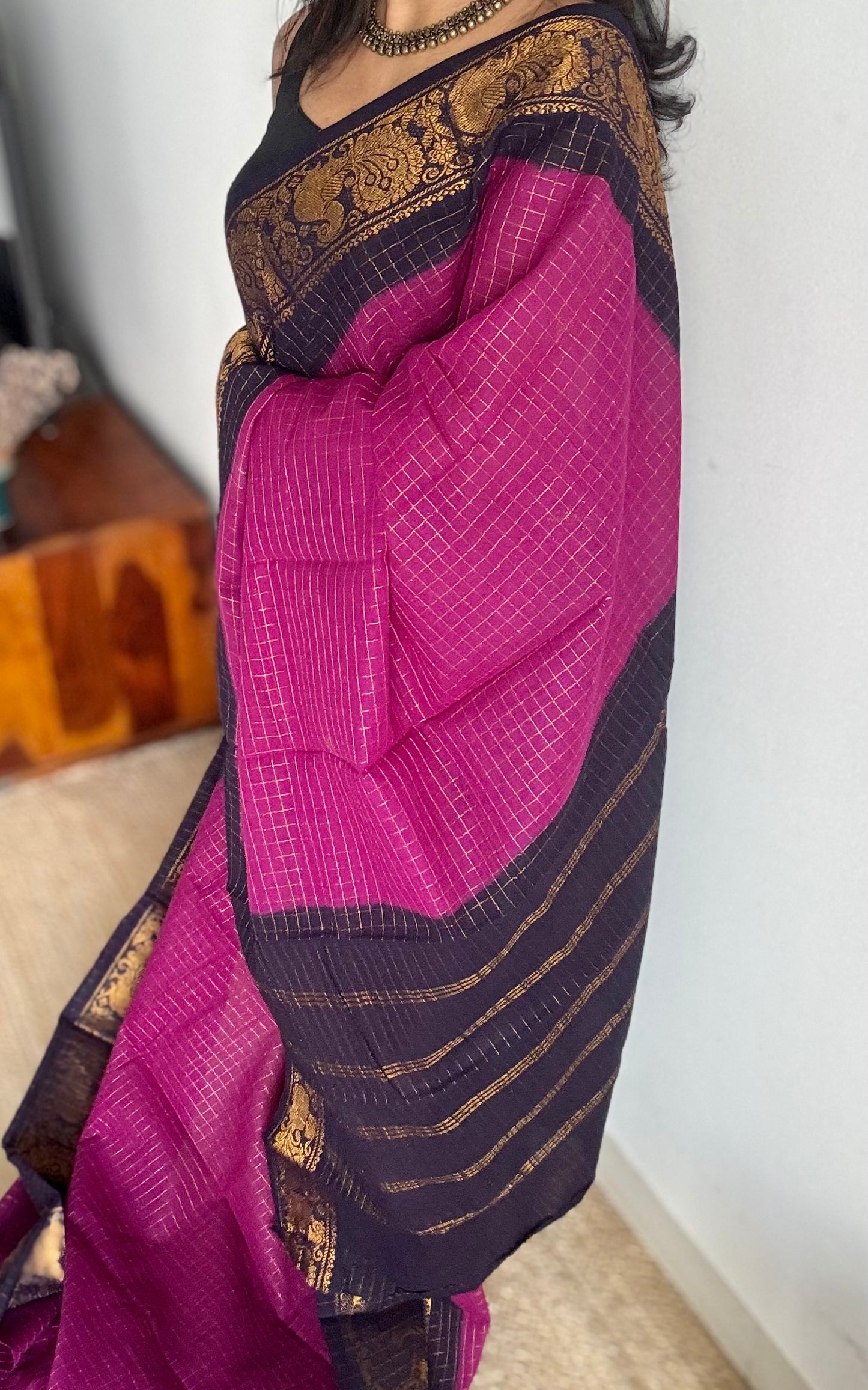 Purple pink with dark blue checkered sungudi, madurai cotton - YCCOTNOCSC21
