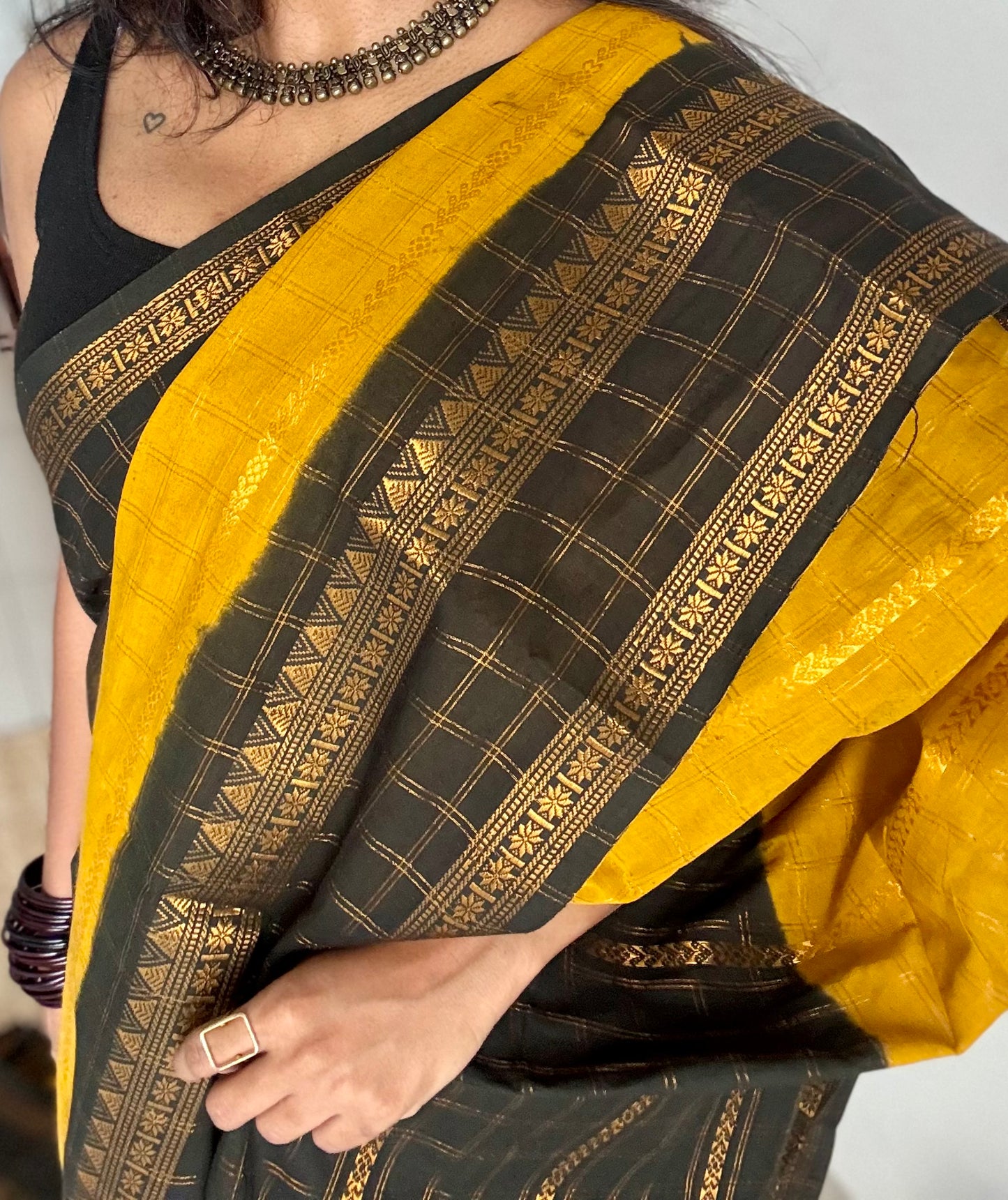 Ginger yellow with black, Adayar checks with velthaari pattern, madurai cotton - YCCOTNOCSC06