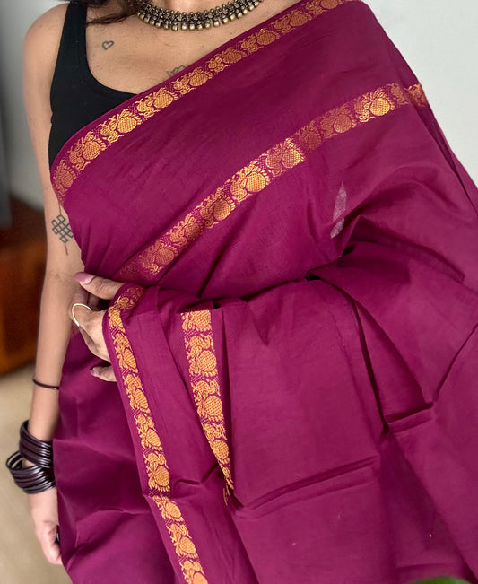 Dark purple pink (vadamalli) rettaipettu peacock double bordered, kattuchayam dyed madurai cotton saree - YCCOTNMSJUL05