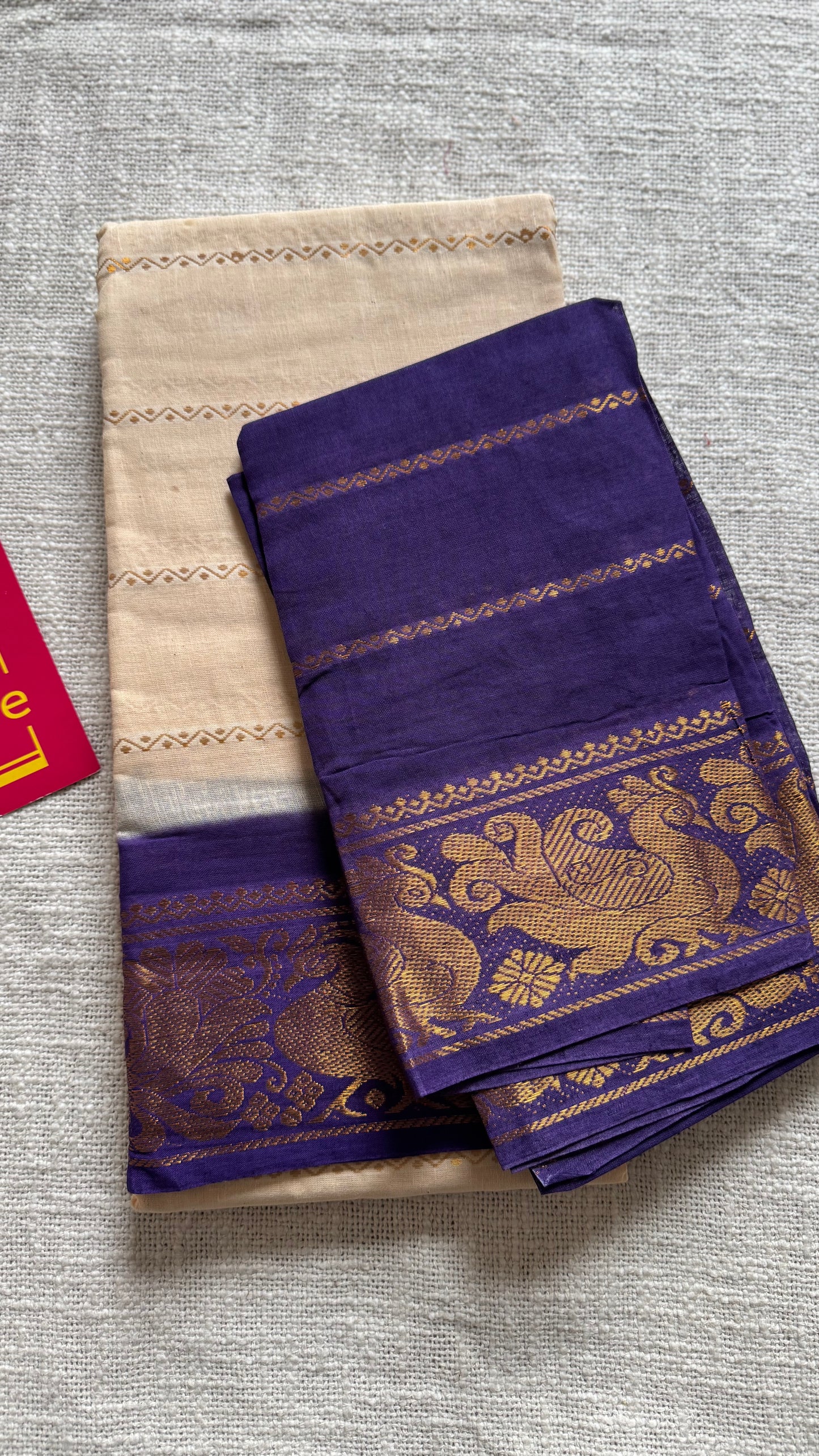 Cream with purple, peacock motif border - madurai kattuchayam dyed - YCCOTNAUS20