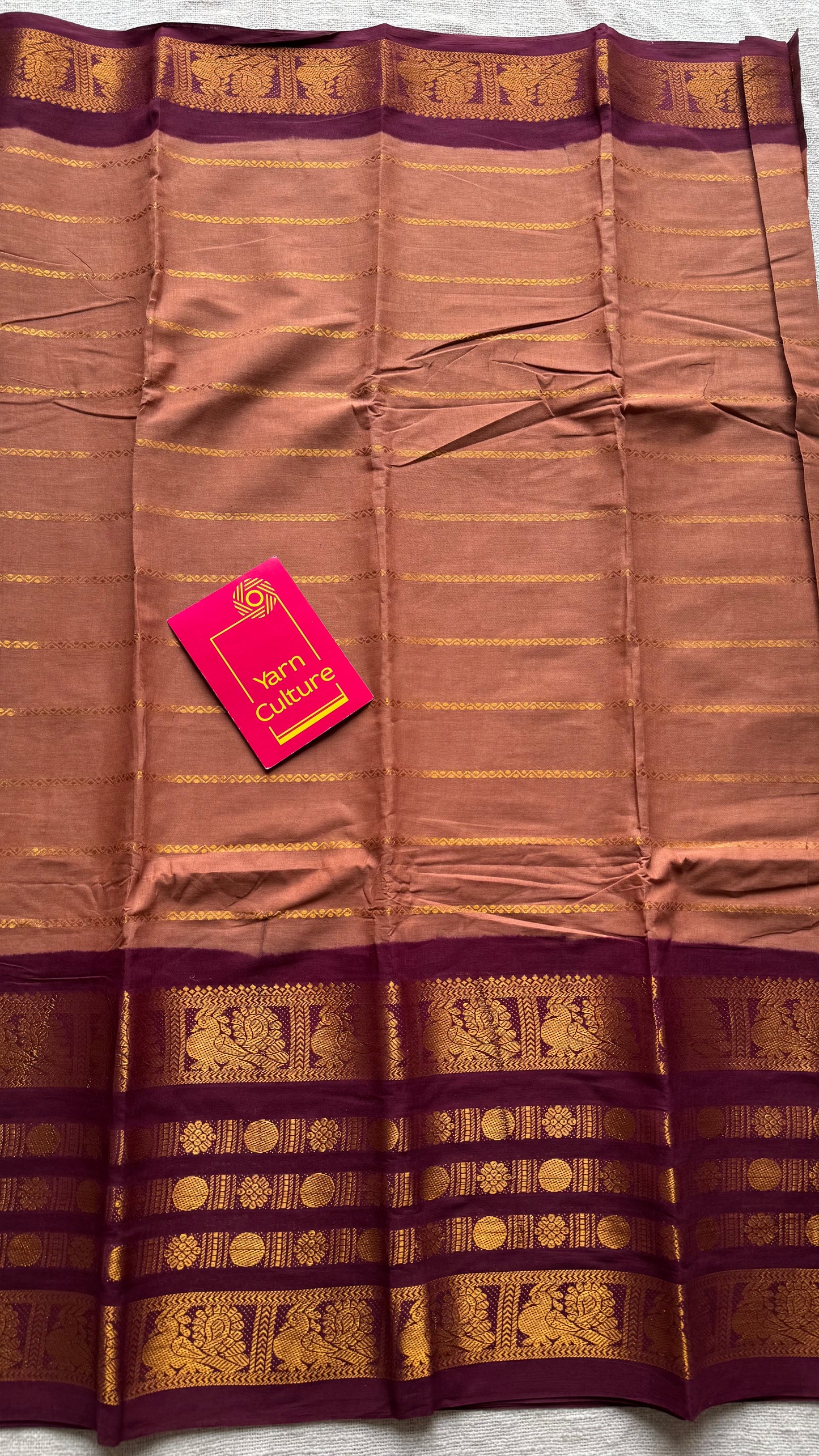 Light brown with maroon, peacock rudraksham motif, single side broad zari - madurai kattuchayam dyed - YCCOTNAUS33