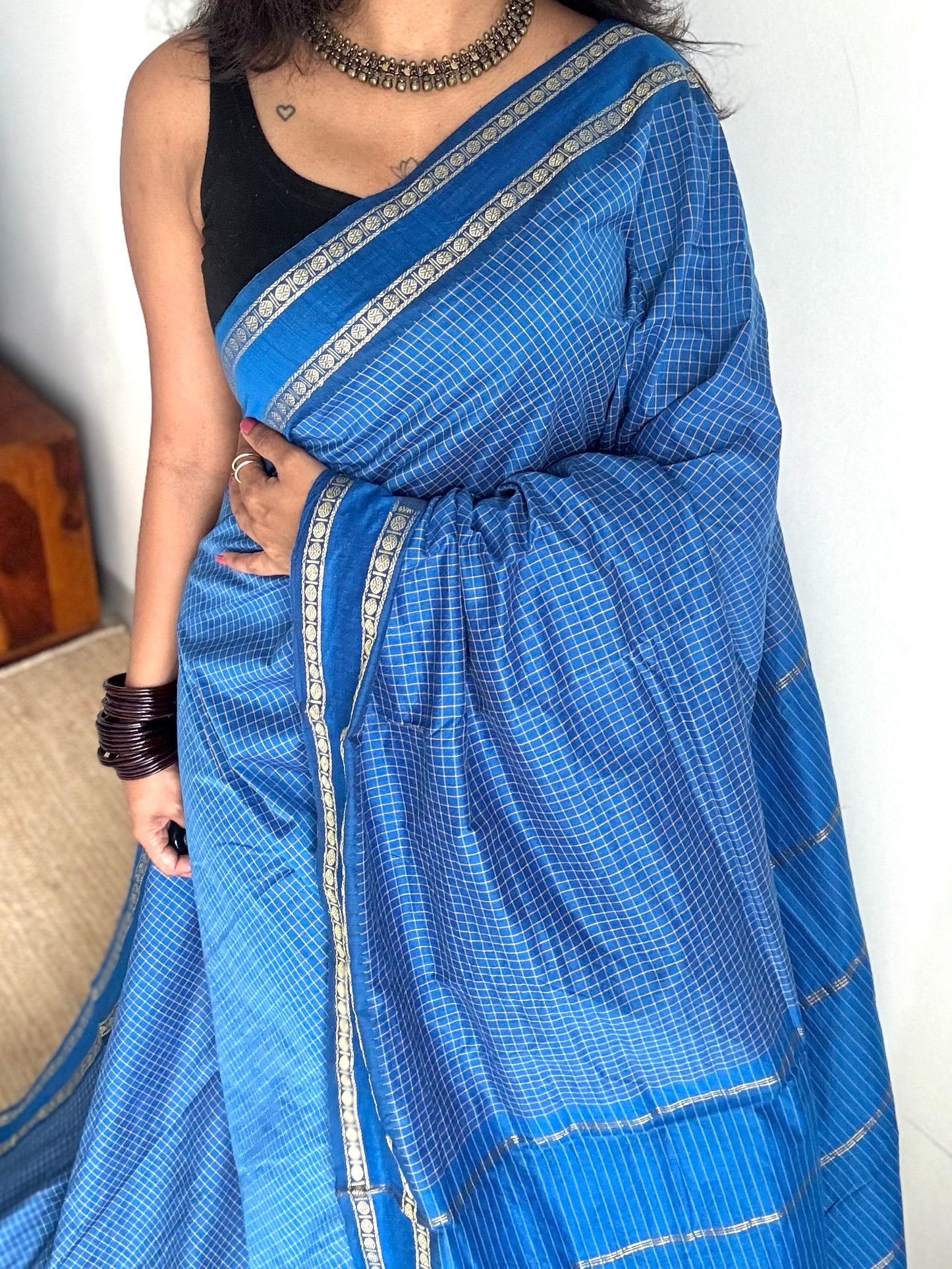 Peacock blue, arani checks, cotton silk - YCCOTNJUAR13