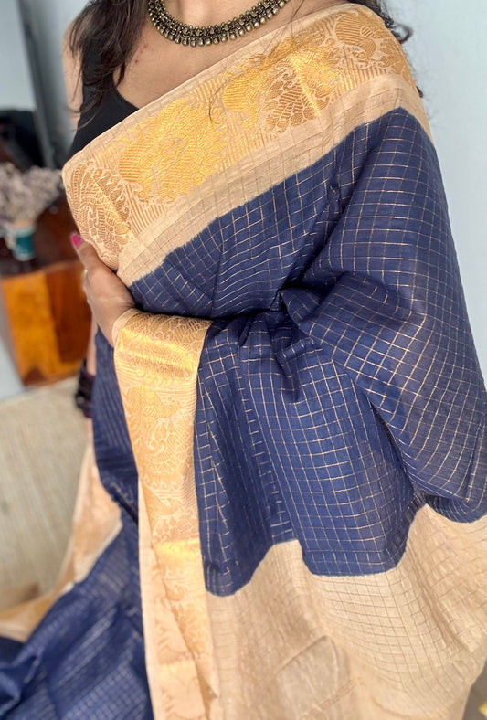 Navy blue with cream checkered sungudi, madurai cotton - YCCOTNOCSC24