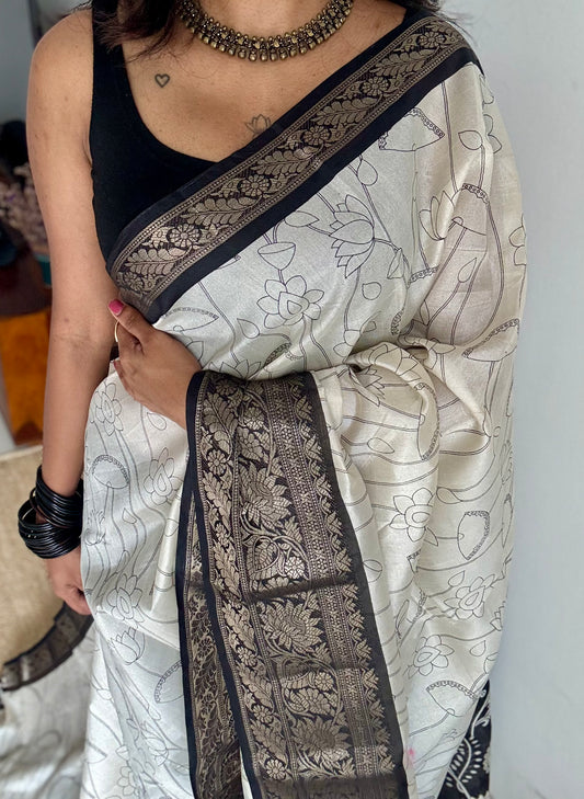 Off white and black, printed kalamkari, lotus motif, semi-tussar - YCWOTDSTK05