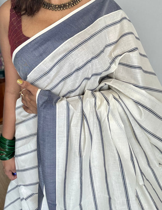 Ivory Kerala cotton saree with blue stripes and border - YCIEKCFE320