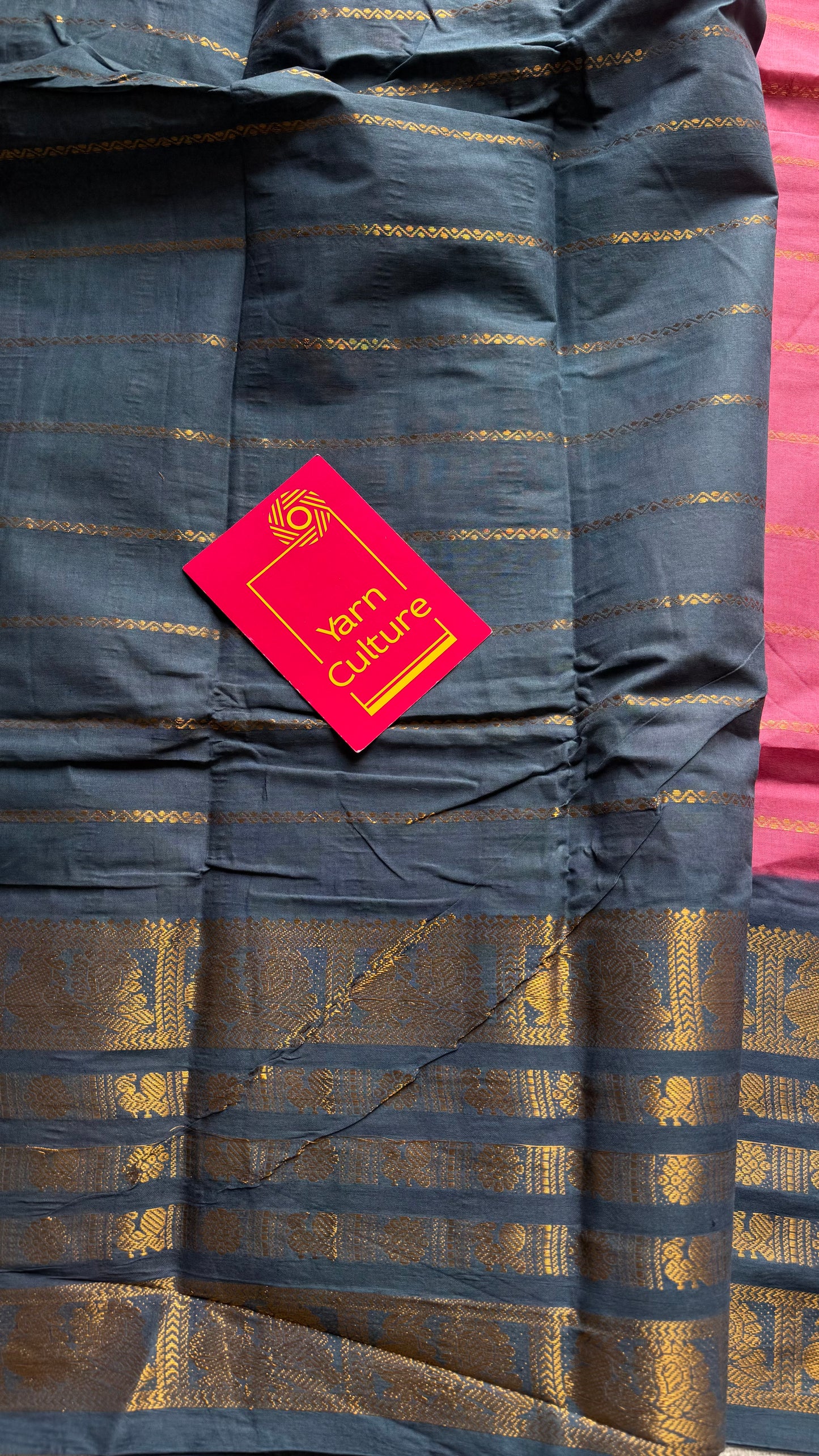 Pink with grey, peacock rudraksham motif, single side broad zari - madurai kattuchayam dyed - YCCOTNAUS32