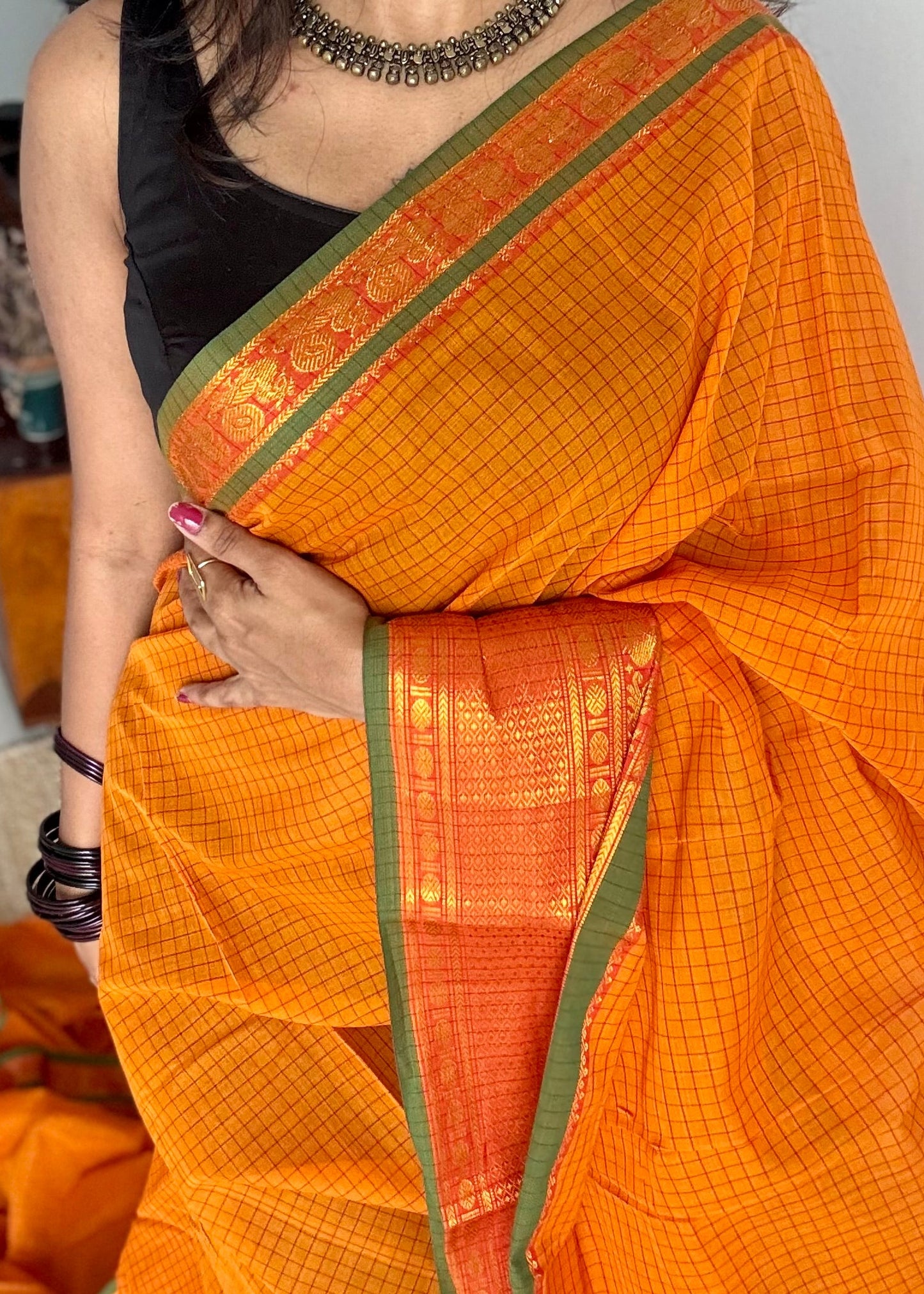 Yellowish orange checks with zari border, premium narayanpet, soft cotton - YCWOTDOCNP02
