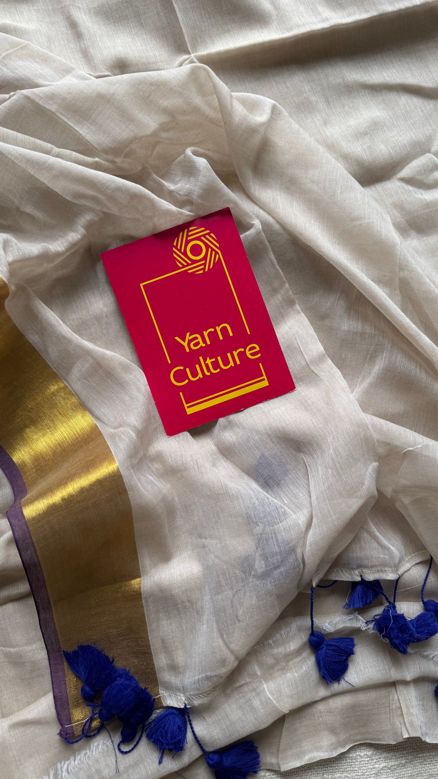 Greyish ivory with violet and gold zari border, mul cotton - YCONBCM221