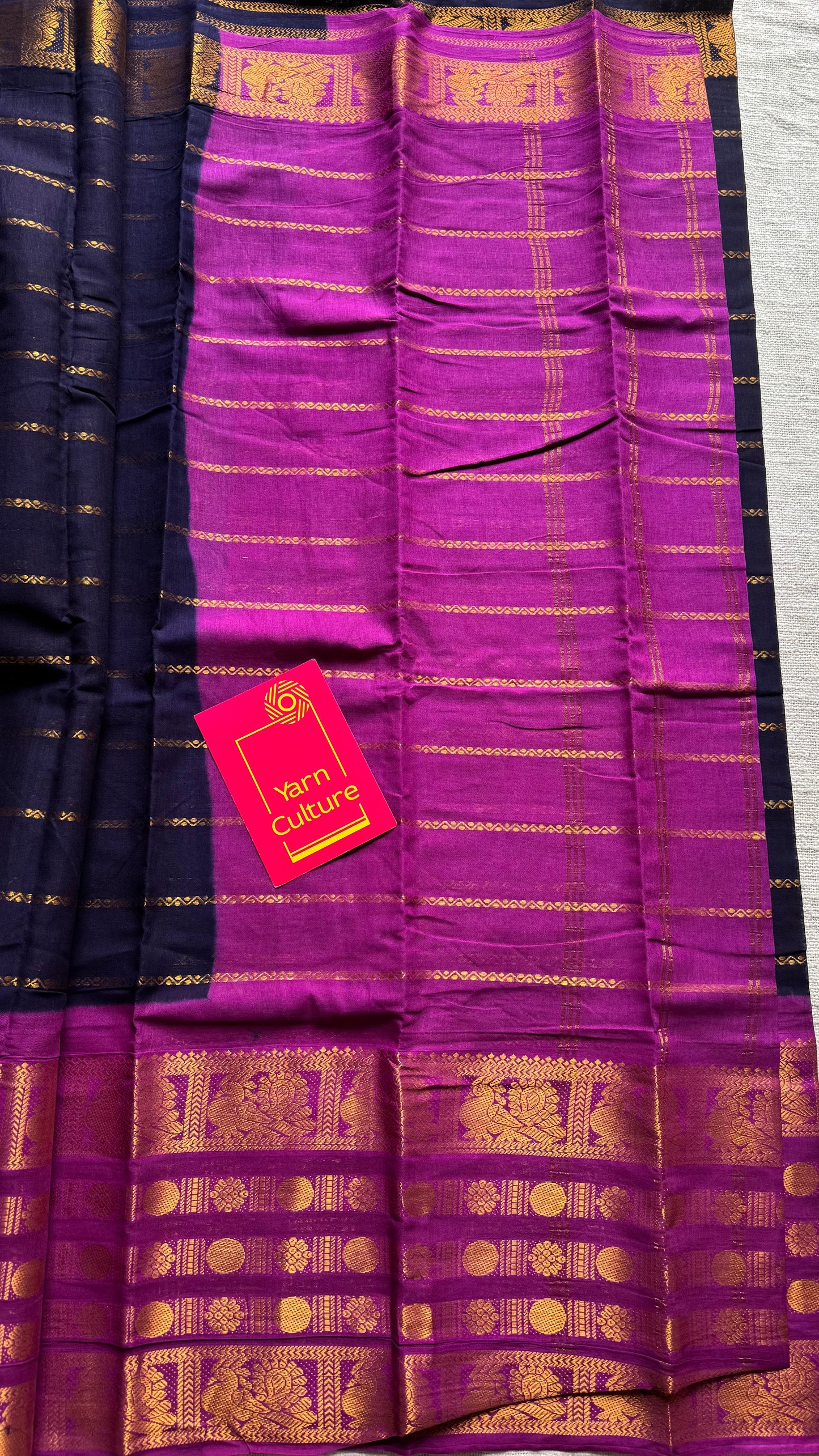 Dark blue with purple pink (vadamalli), peacock rudraksham motif, single side broad zari - madurai kattuchayam dyed - YCCOTNAURS18