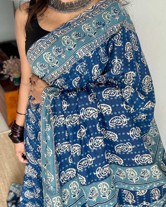 Indigo with light blue kalamkari, paisley motifs, soft cotton - YCWOTDOCMP84