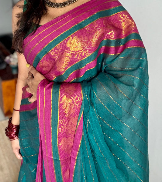 Peacock green mul with berry pink brocade border - YCBCMCNO70