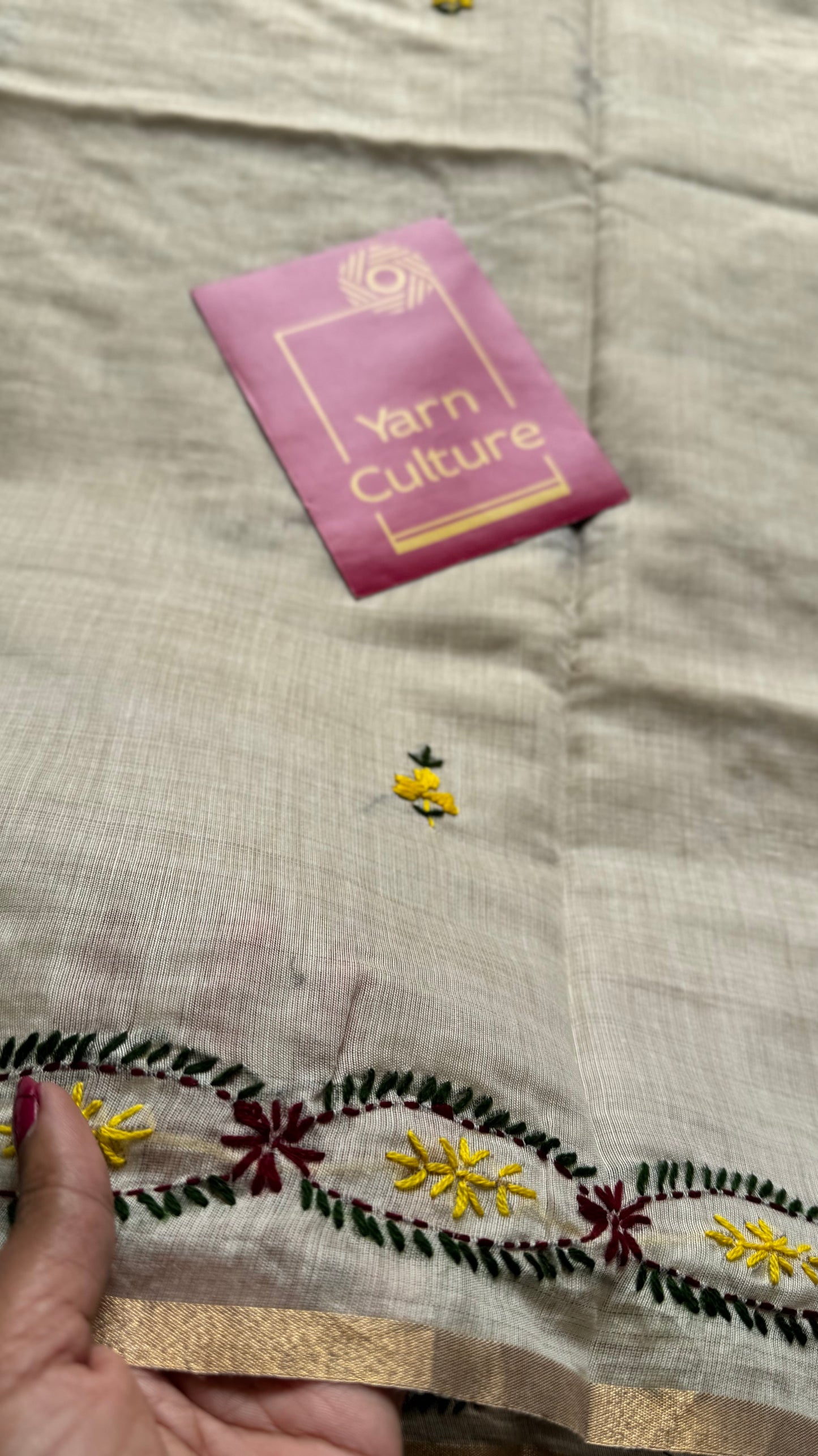 Ivory maheshwari cotton silk blend with yellow and maroon floral kantha threadwork - YCBLJULMK07