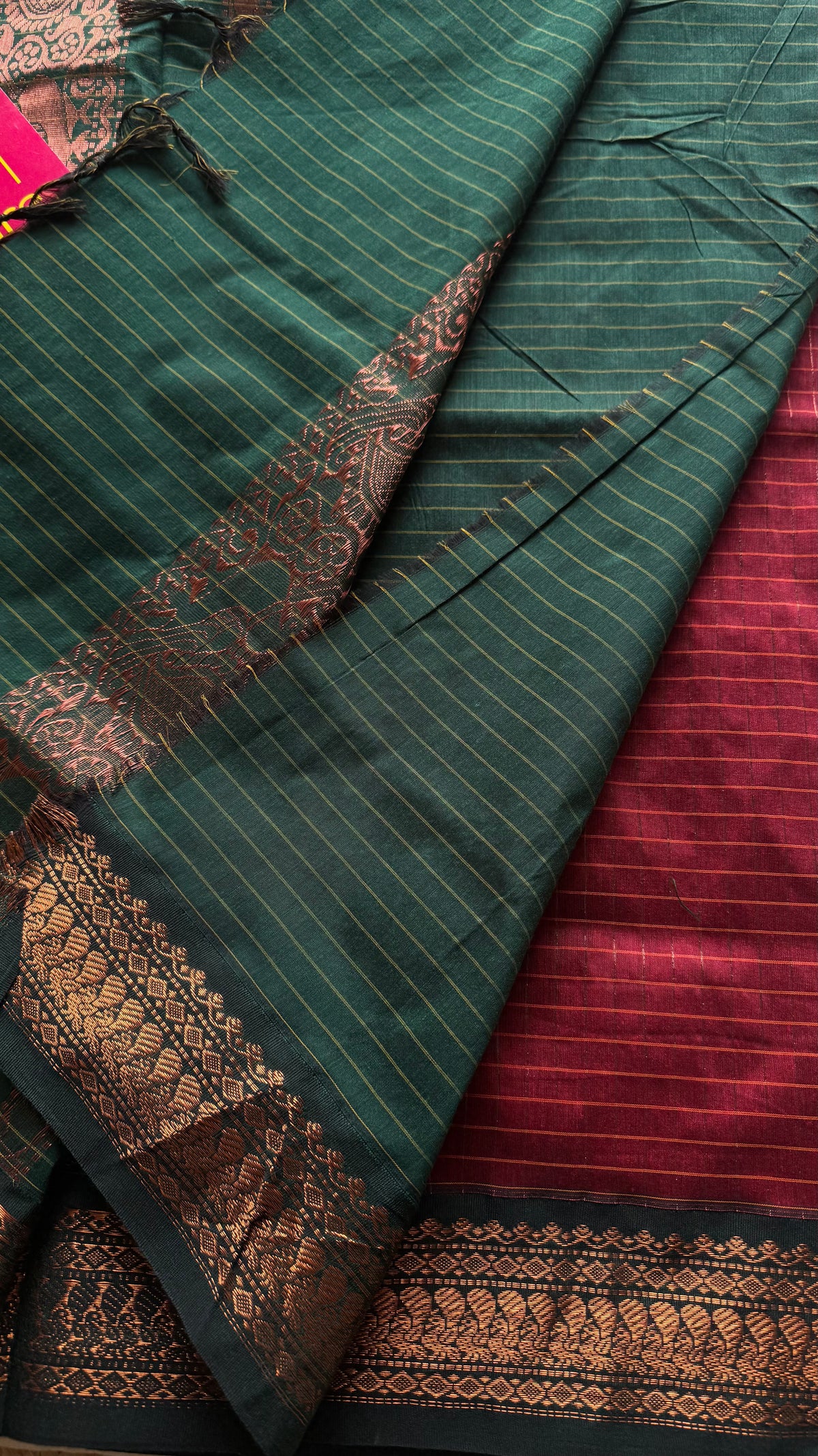 Dark red with green, zari checkered saree, cotton silk - YCCOTNKCOC100