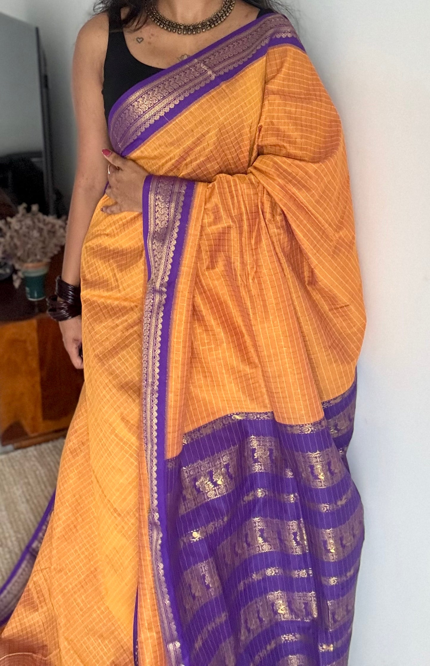 Yellowish orange with purple, checks - cotton silk - YCCOTNOCKC39