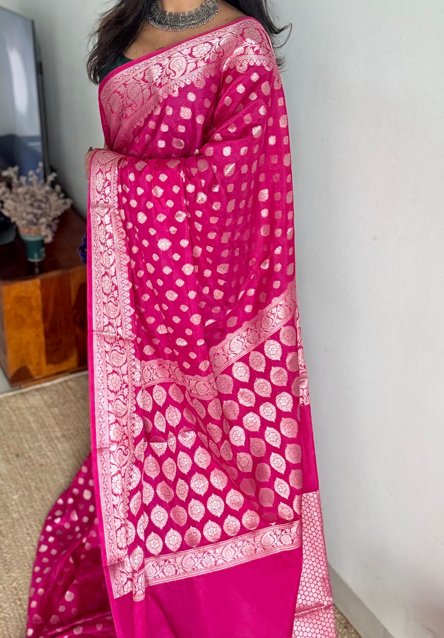Hot pink, silver buttas and zari, Banarasi semi-silk - YCDESE42