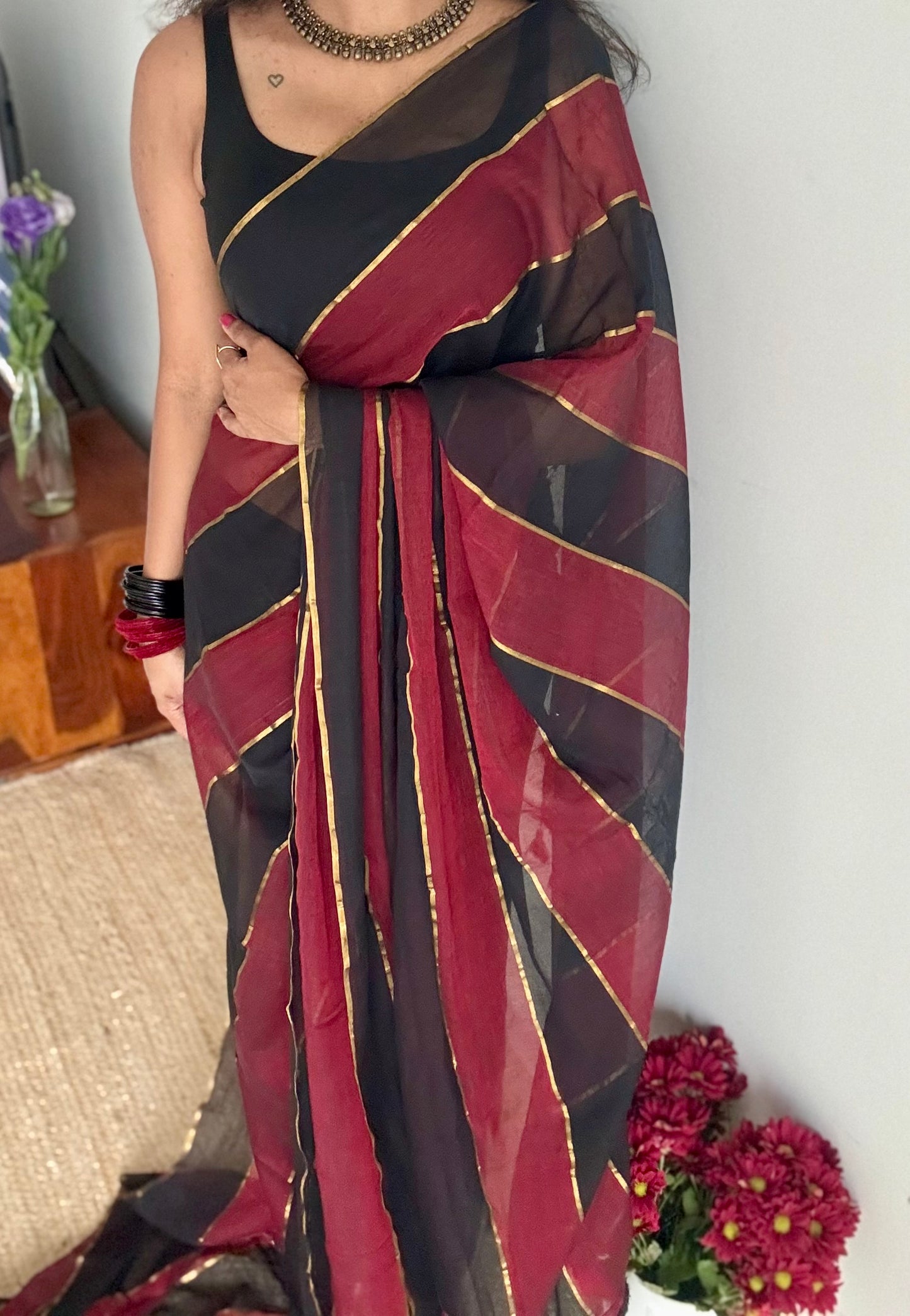 Maroon, black mul with gold multicoloured broad stripes - YCBCMCLSE24