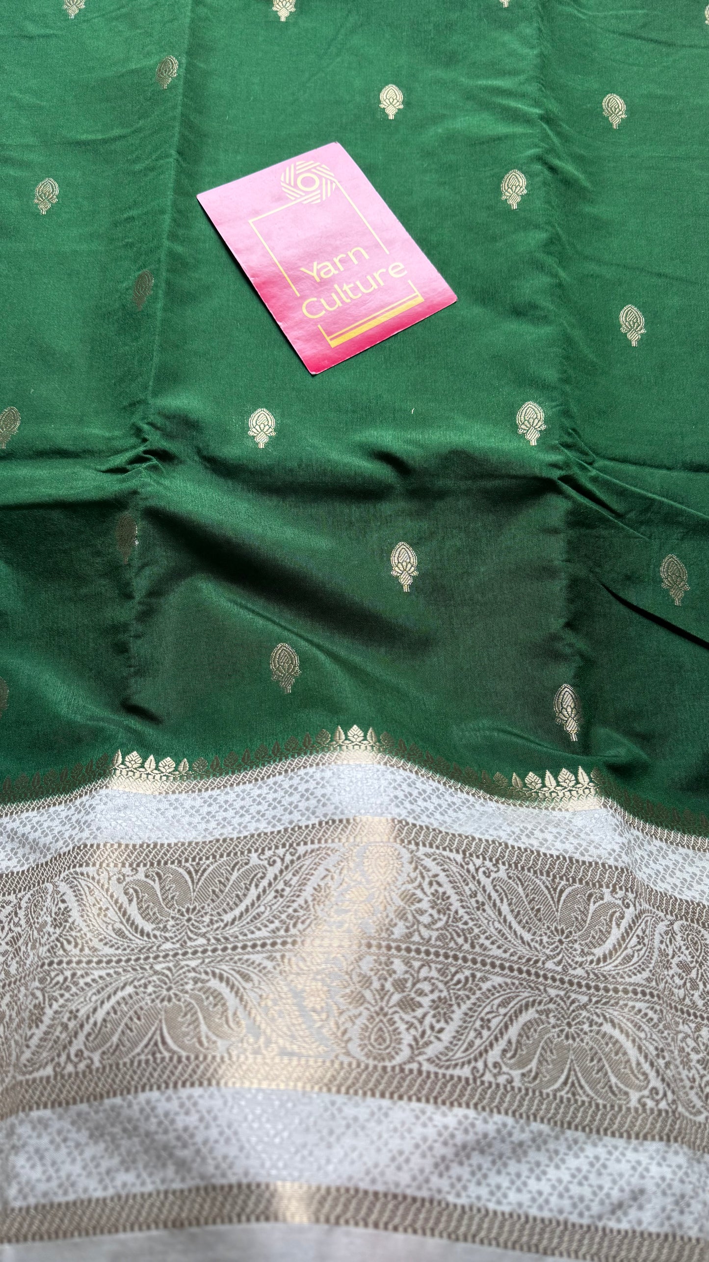 Dark green with cream border, Banarasi semi-silk - YCDESE01