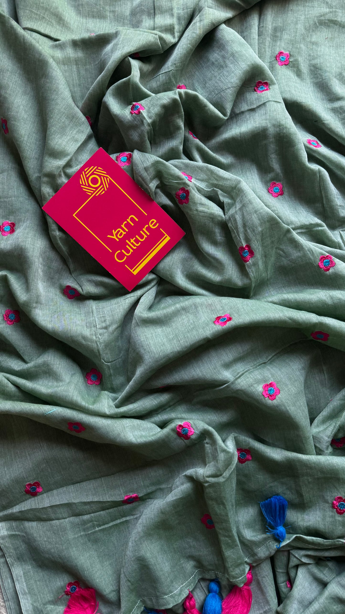 Mint green with dark pink floral embroidered mul cotton saree - YCBCMCAP46