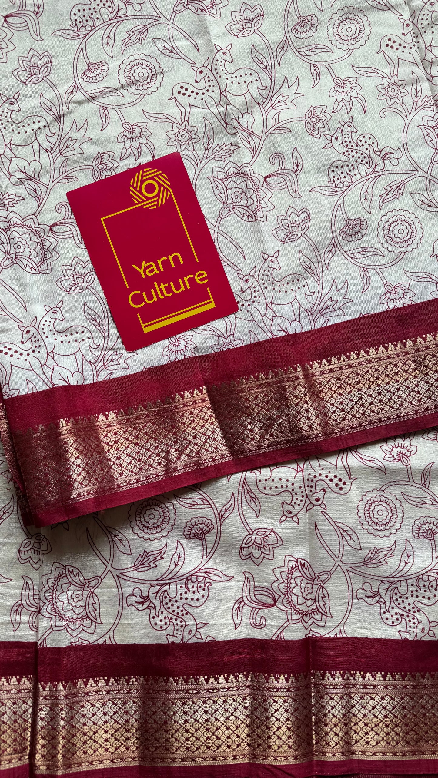 White and red contrast, printed kalamkari, semi-tussar - YCWOTDSTK01