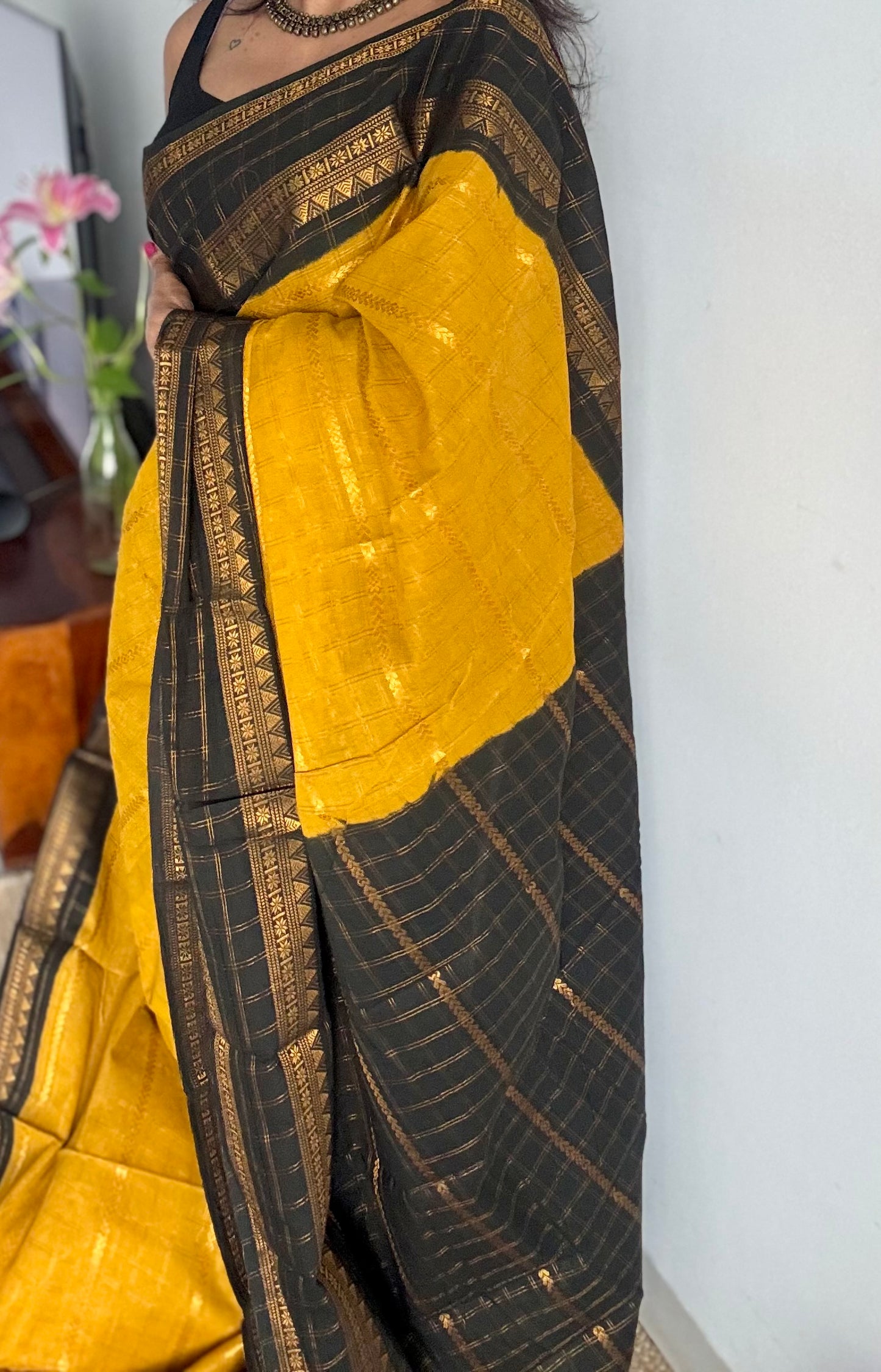 Ginger yellow with black, Adayar checks with velthaari pattern, madurai cotton - YCCOTNOCSC06