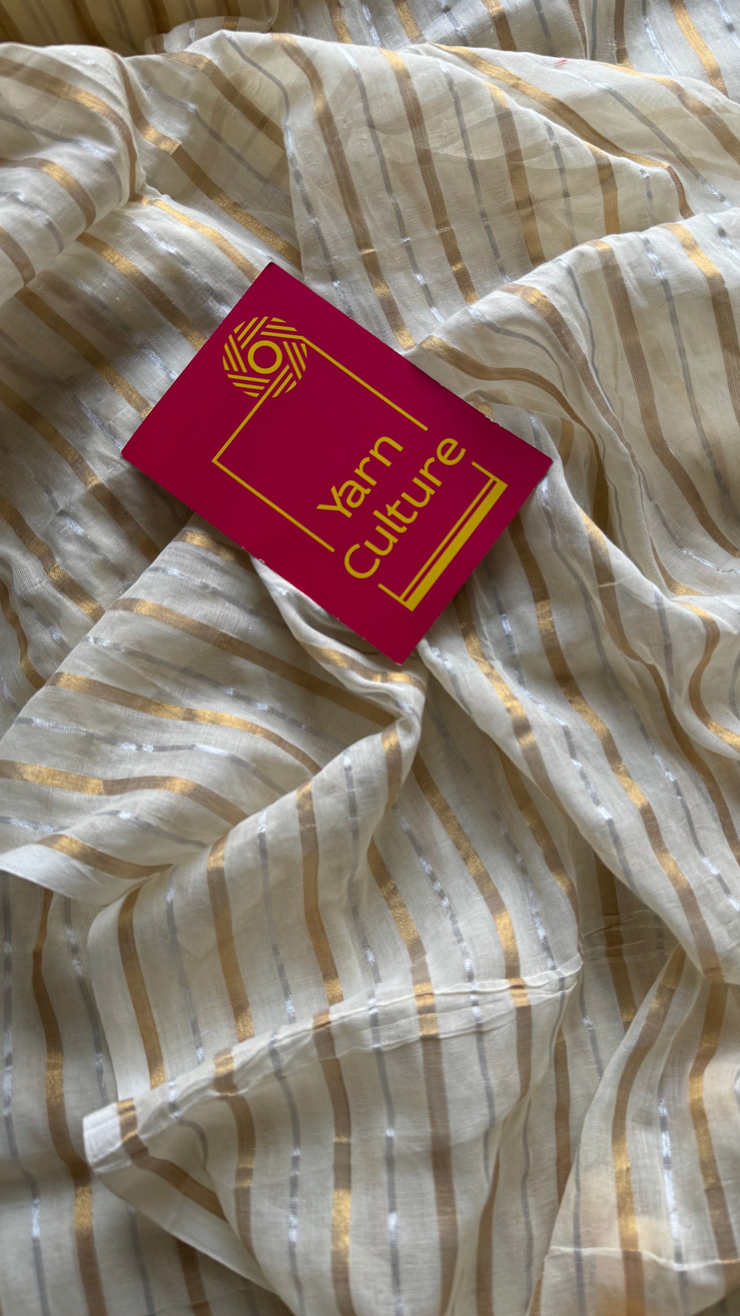 Ivory mul saree with gold and silver stripes - YCBCMCFE298