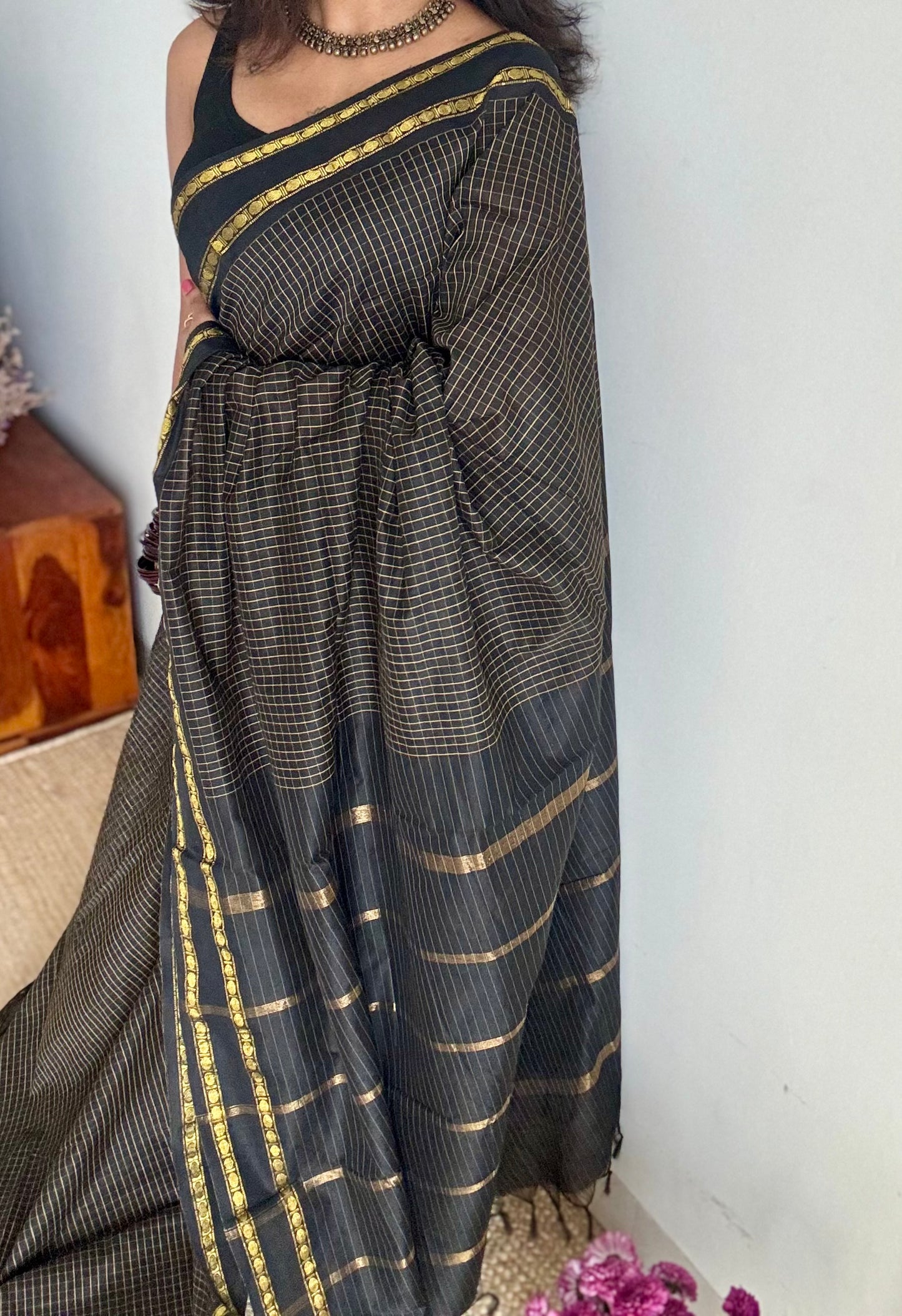 Black, arani checks, cotton silk - YCCOTNJUAR16