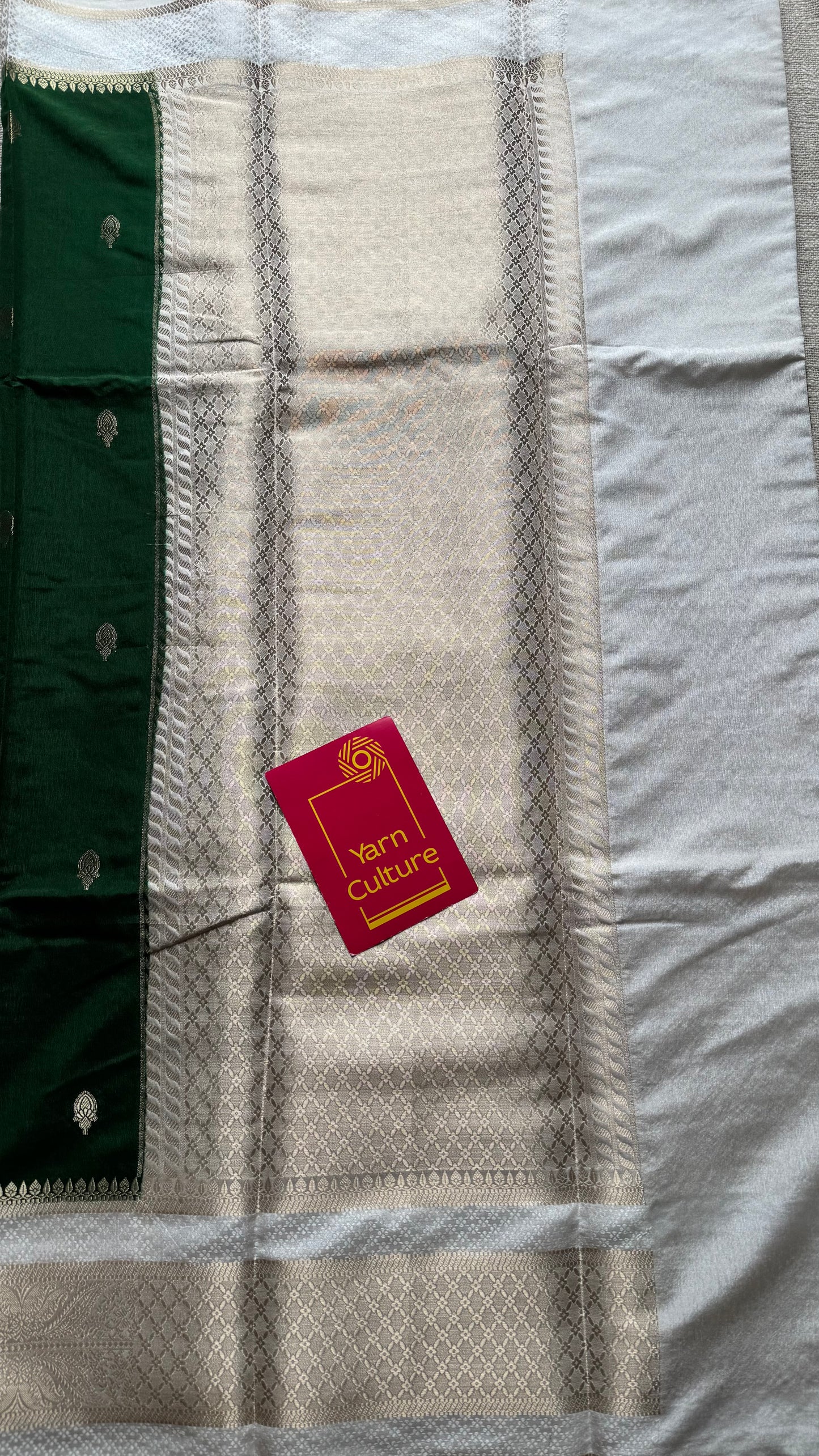 Dark green with cream border, Banarasi semi-silk - YCDESE01