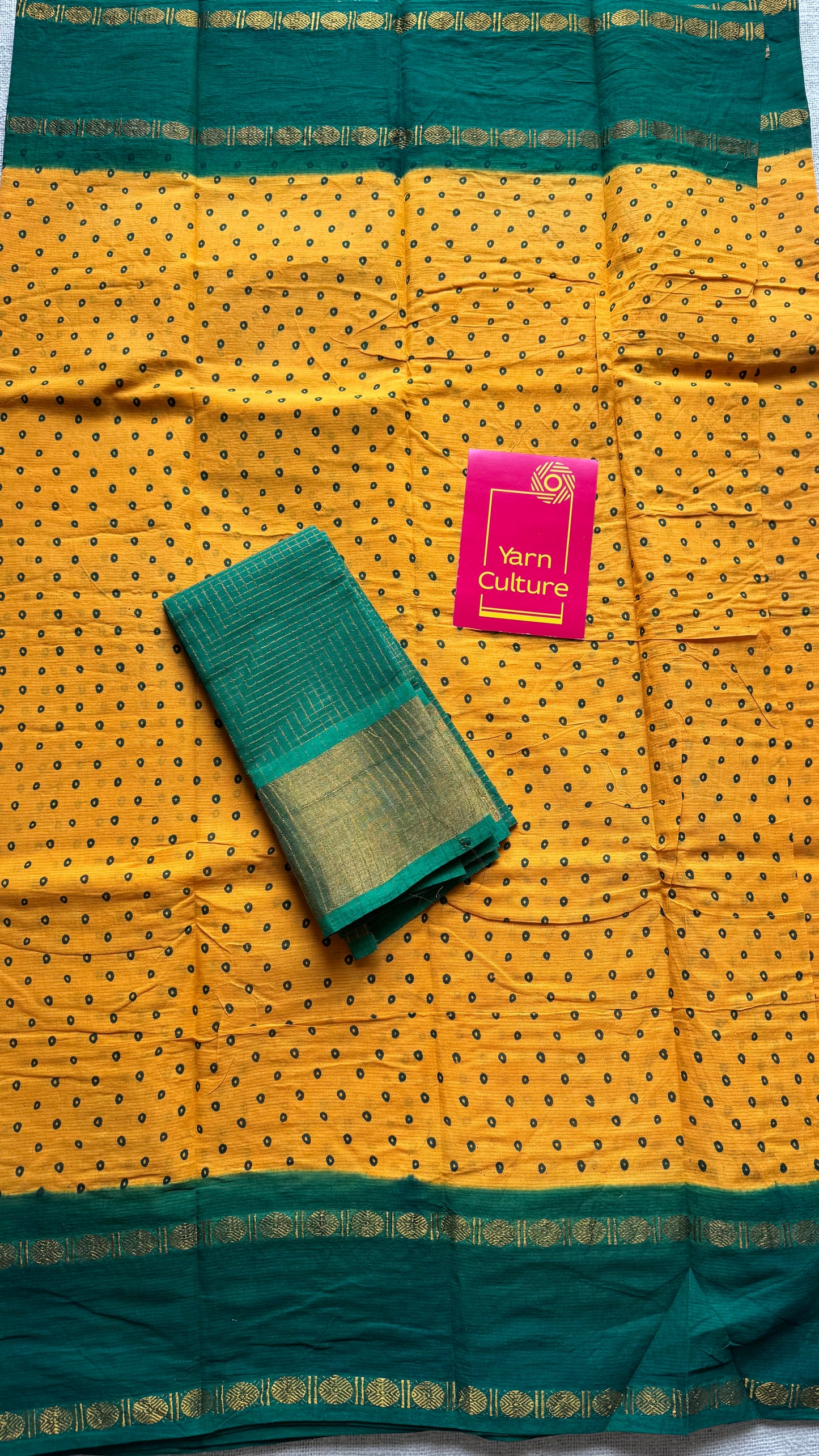 Yellow with green, sungudi motif and rudraksham border, madurai soft cotton - YCCOTNAUSC06