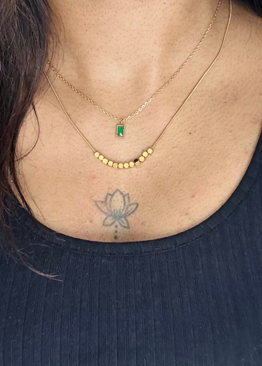 Gold plated double layered chain, green pendant - YCGPC403