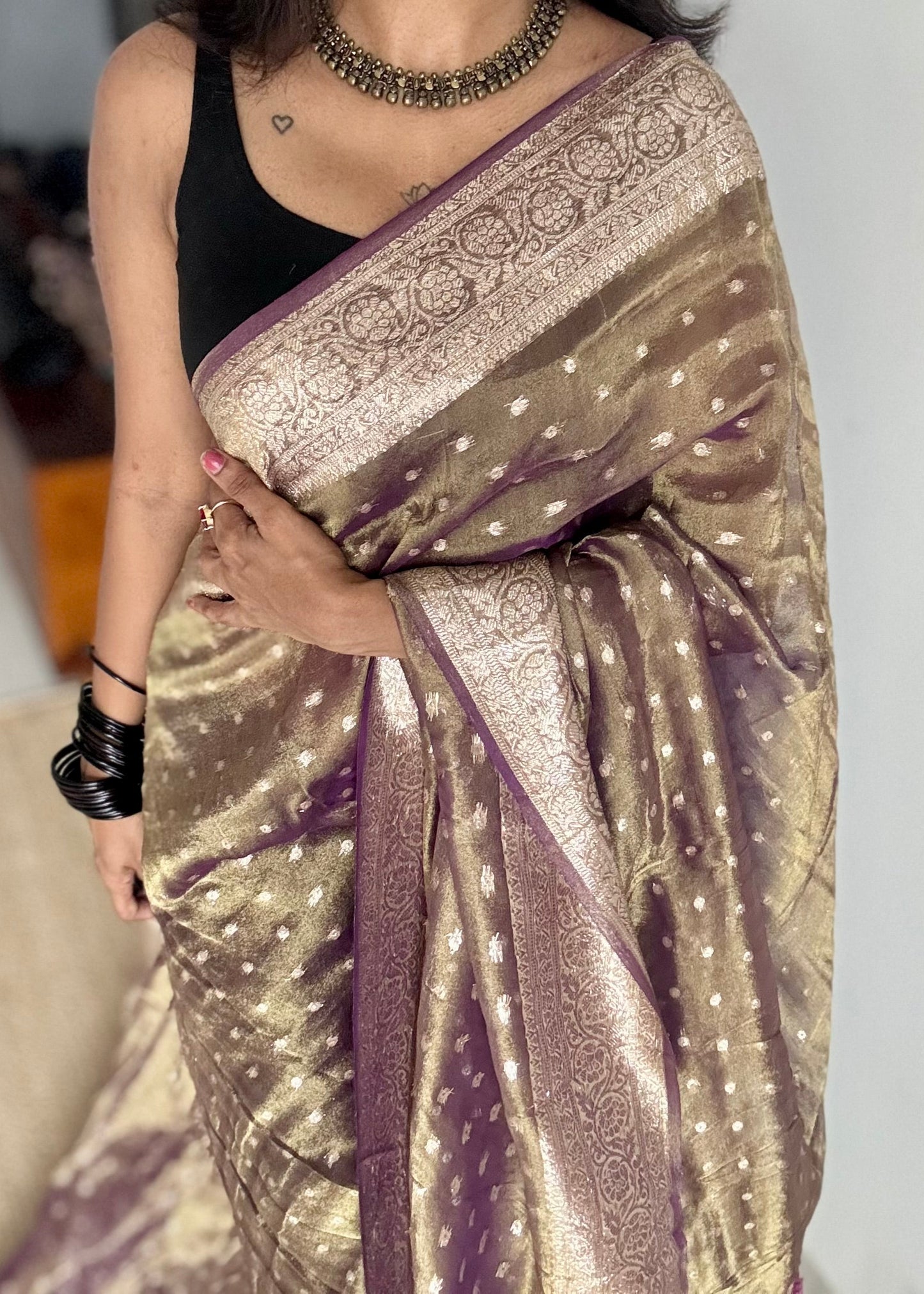 Purple brown with gold double tone, soft crushed tissue, thread zari - YCDOSFEJUTB11