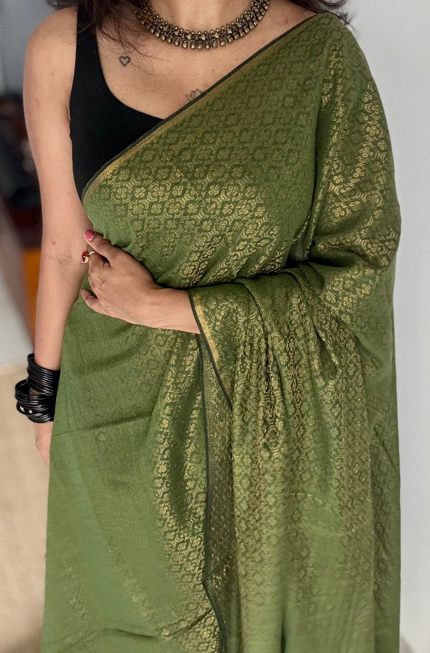 Green and gold brocade pattern in mul - YCBCFEJUBM03