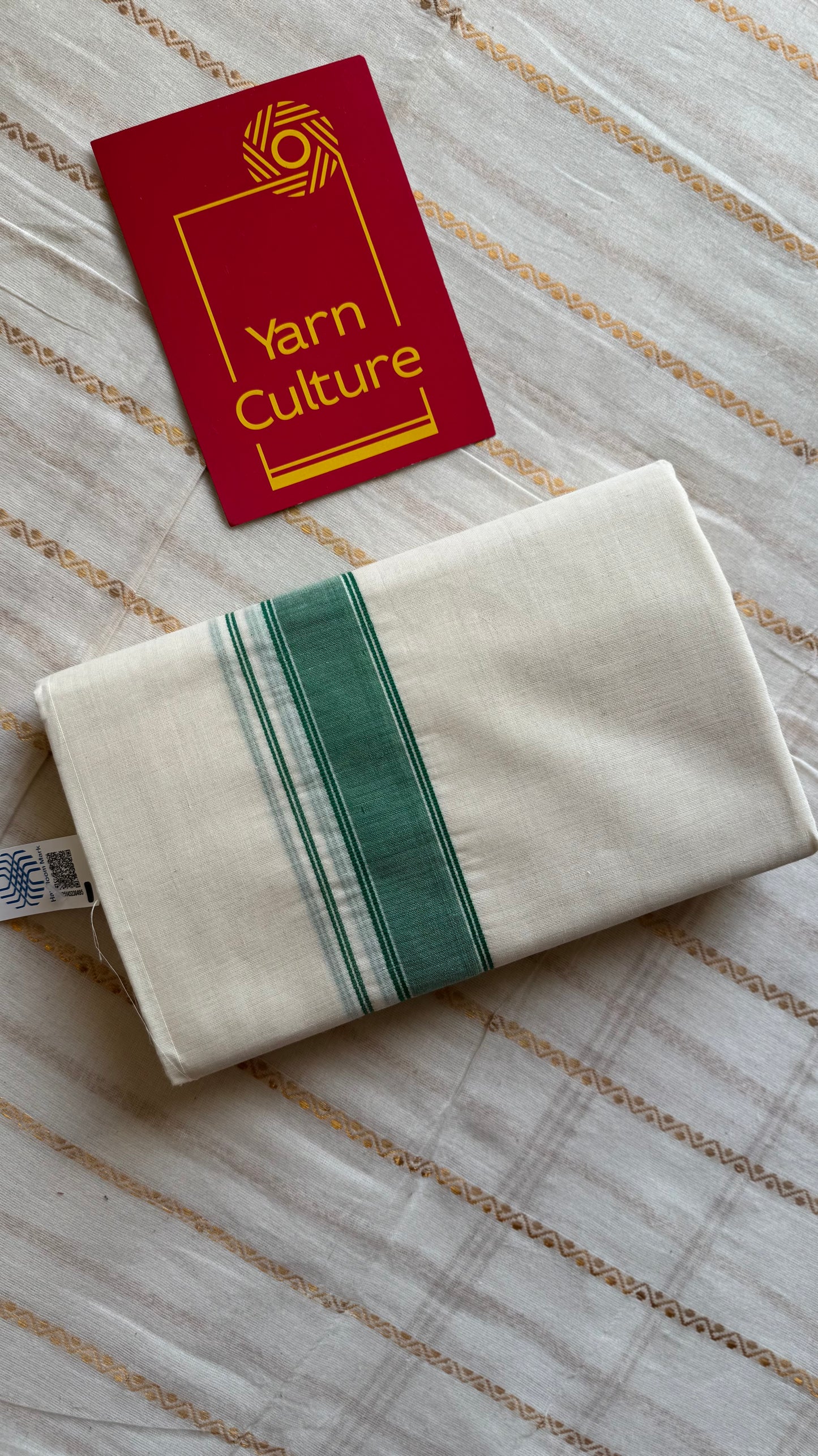 Ivory Chendamangalam Handloom Double Mundu with Green Kara | Soft Cotton Men's Dhoti - YCMSEIE174