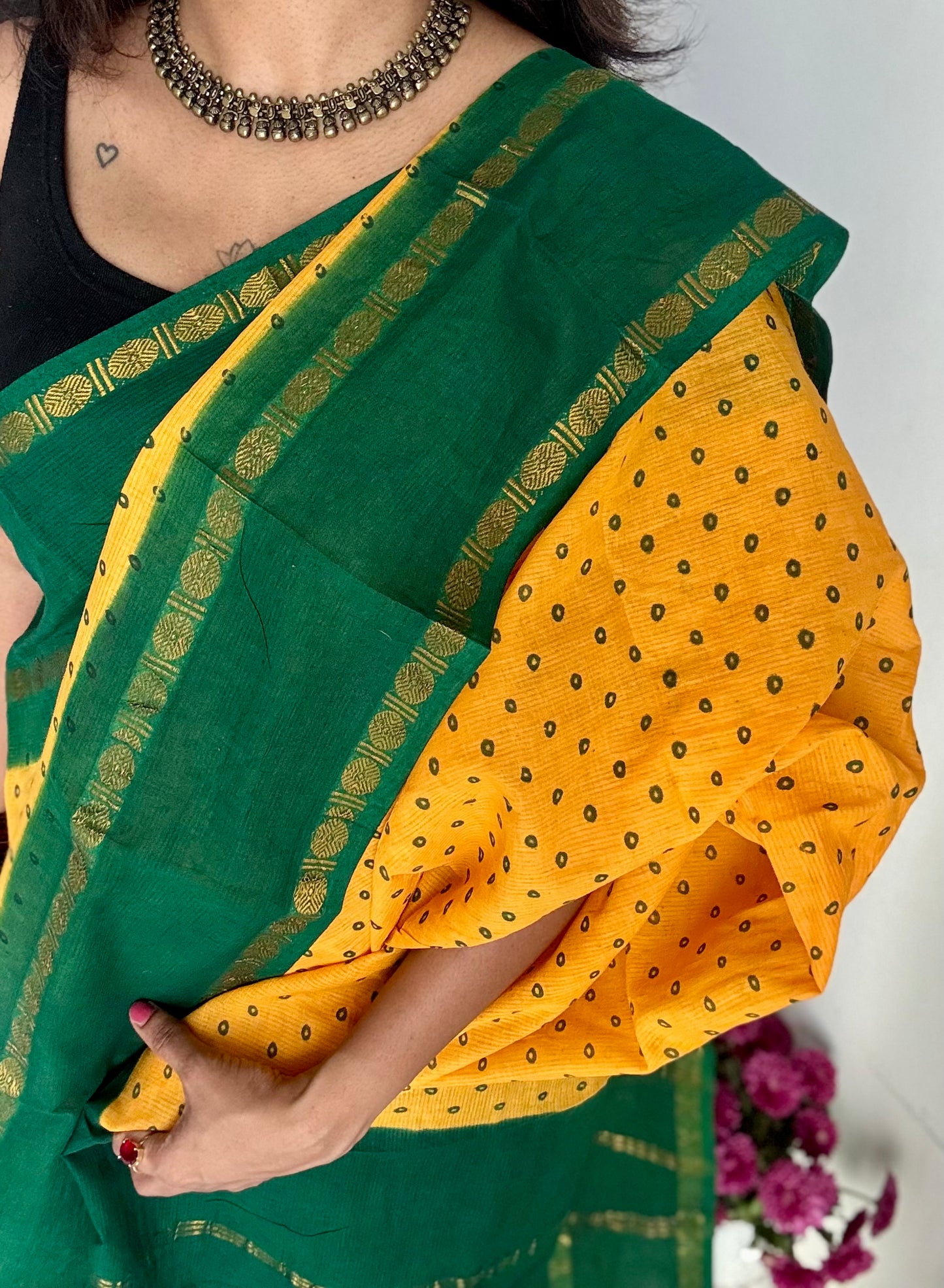 Yellow with green, sungudi motif and rudraksham border, madurai soft cotton - YCCOTNAUSC06