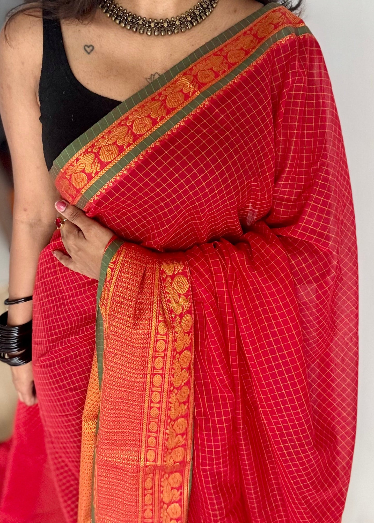 Red checks with zari border, premium narayanpet, soft cotton - YCWOTDFEBB11