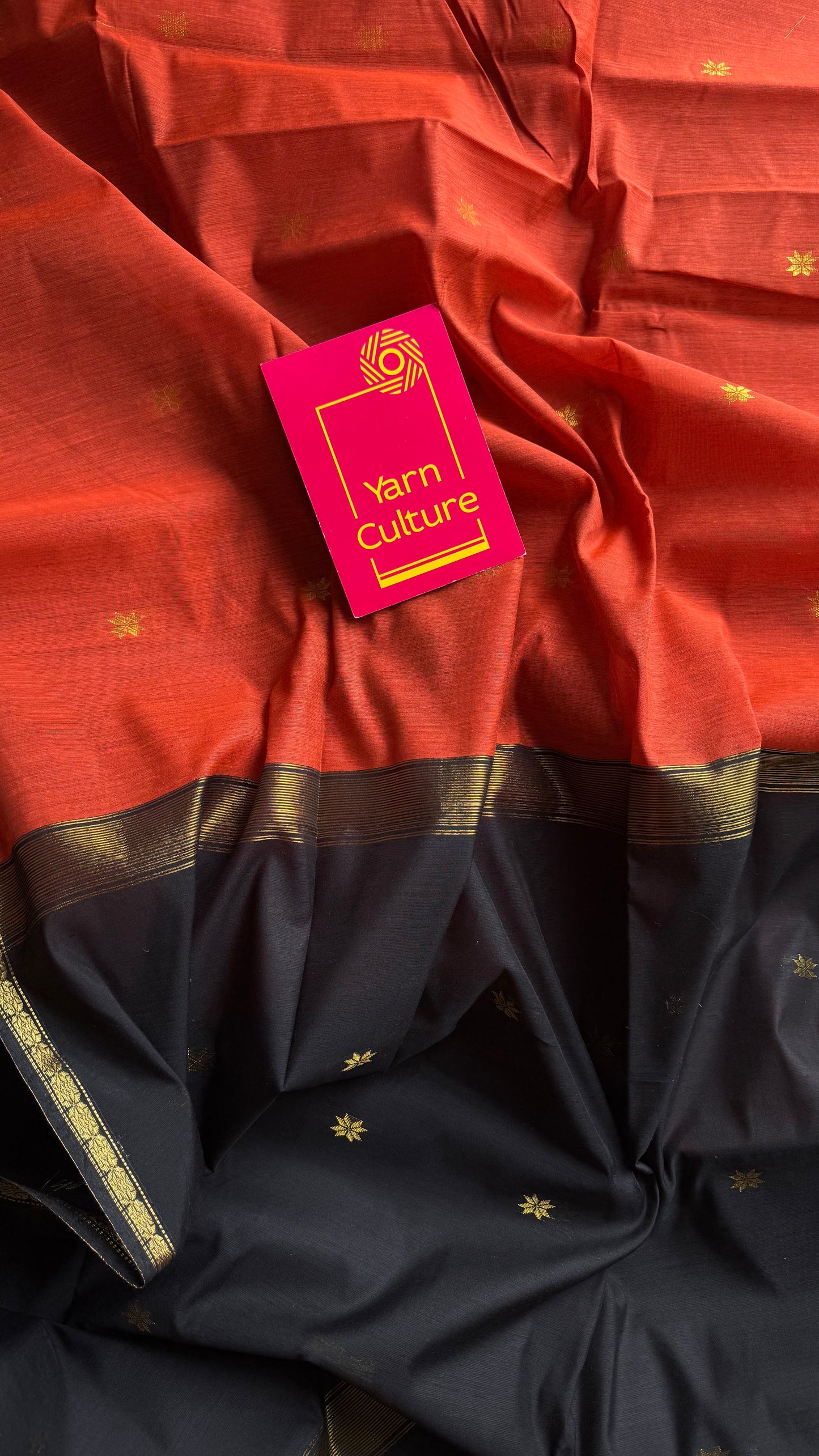 Orange with black, gold buttas, semi maheshwari cotton silk - YCCOTNFEJUSM01