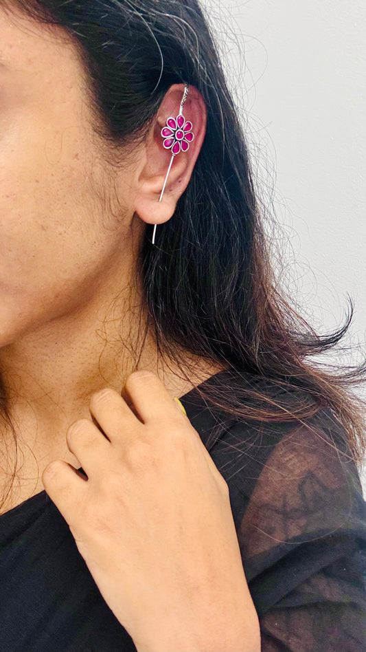 Oxidised silver, maroon stone, floral earcuff - YCOSEEC293