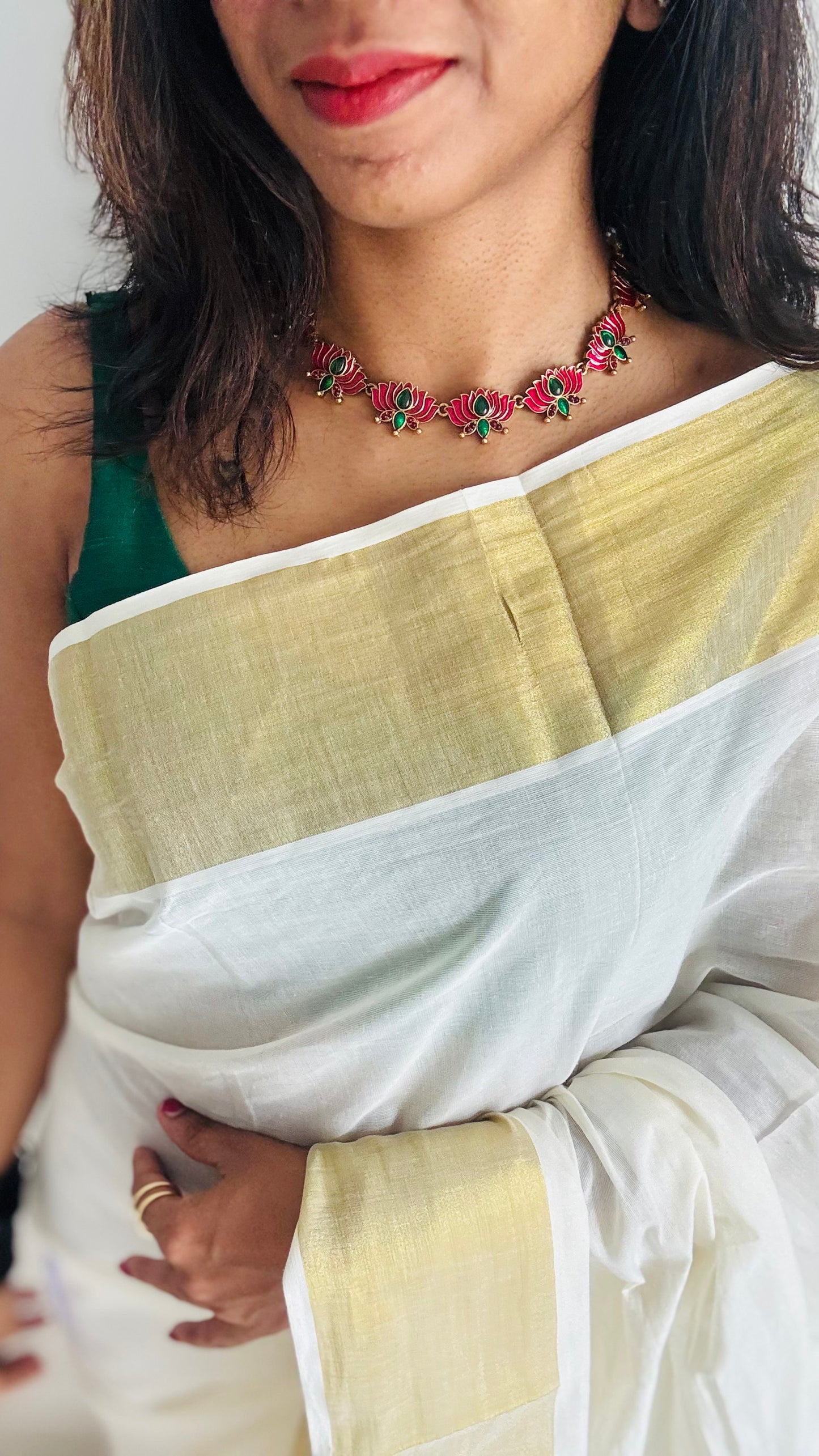 Rani pink and green lotus, with earrings - YCAGC131