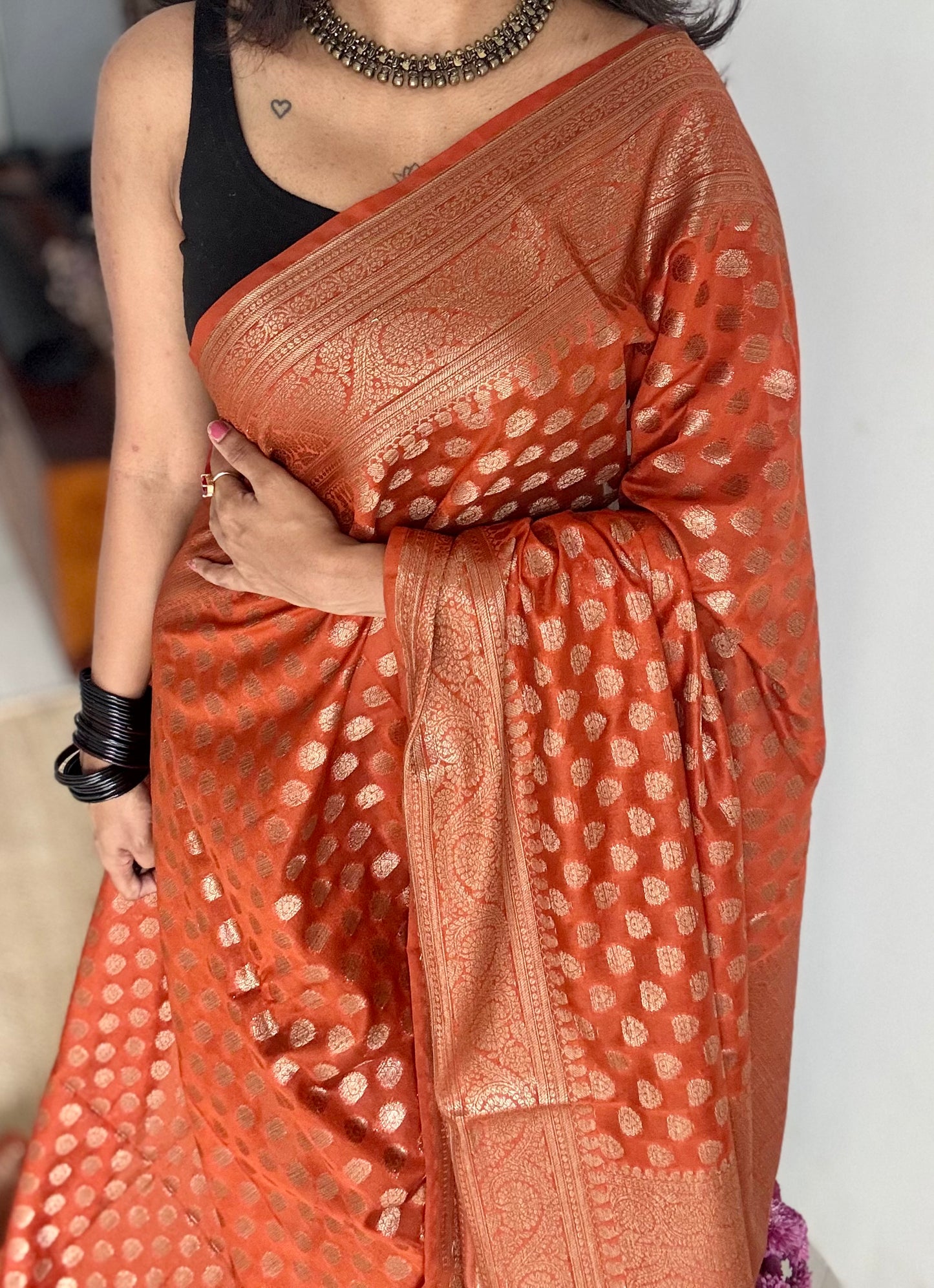 Topaz - Burnt orange, antique gold zari, Banarasi semi georgette - YCBLFEGAGZ19