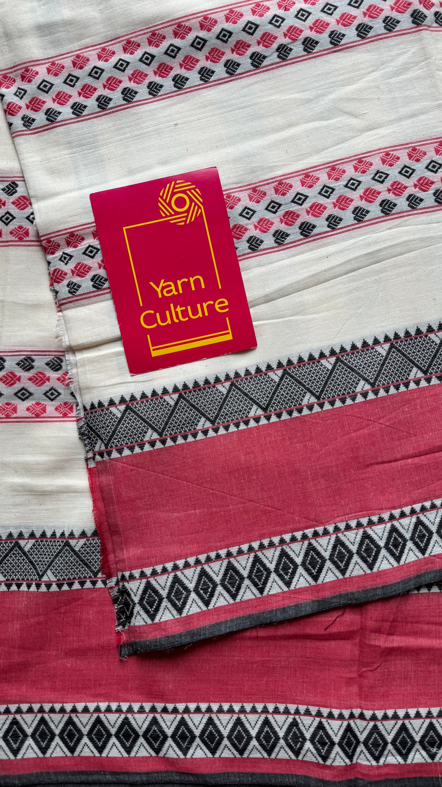 Pure Dhaniakhali tant in white, red and black patterened border - YCBCDP23