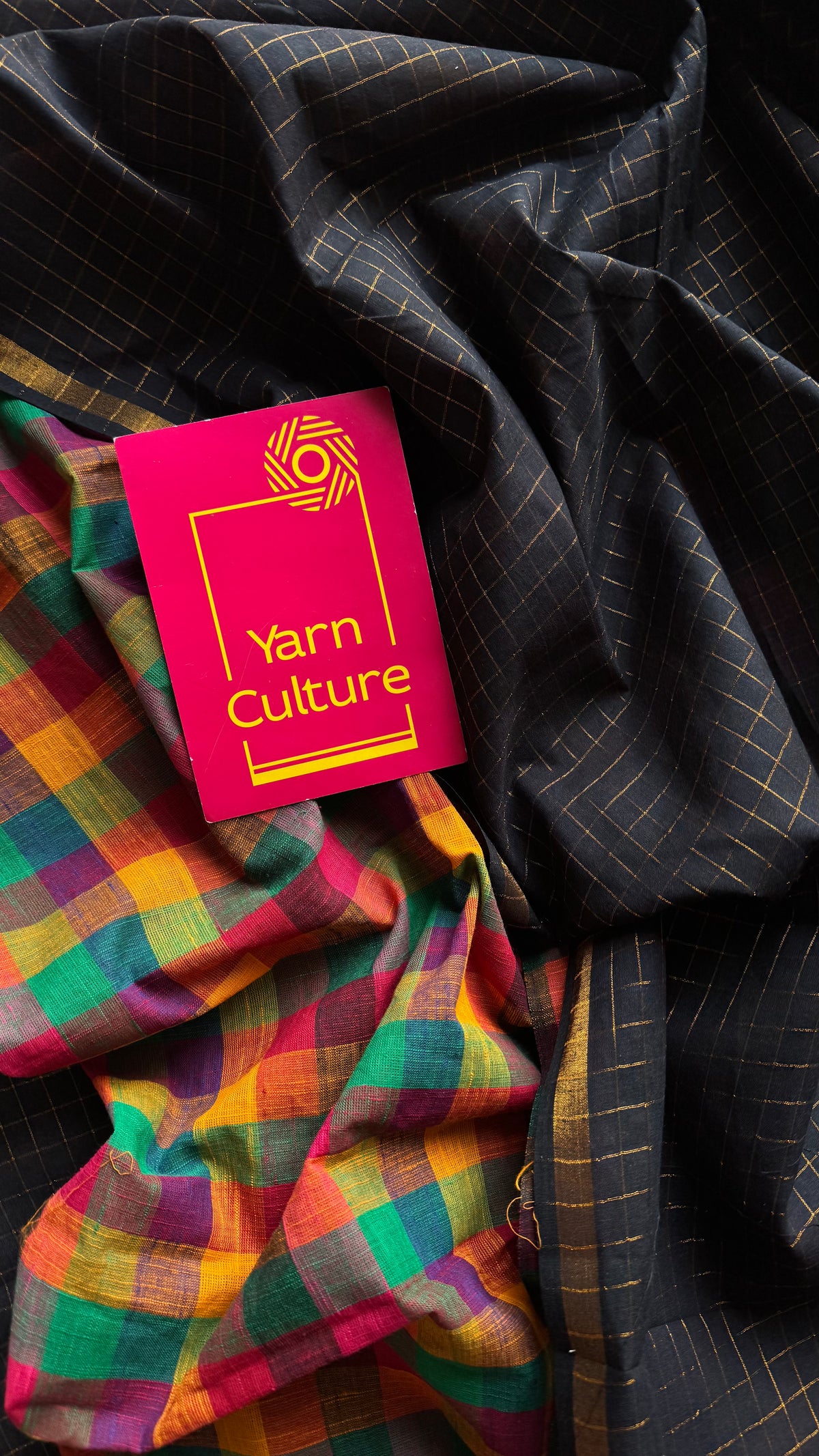Black with multicoloured mini madras checks, cotton half and half saree - YCCOTNIDOC168