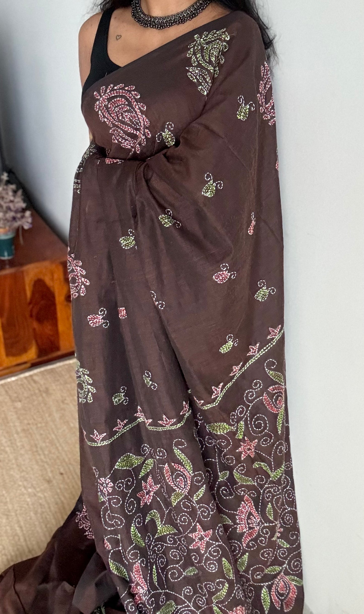 Mrittikar Gondho (মৃত্তিকার গন্ধ) - The Scent of Soil, dark brown kantha weave in soft khadi cotton - YCBCSEKC04