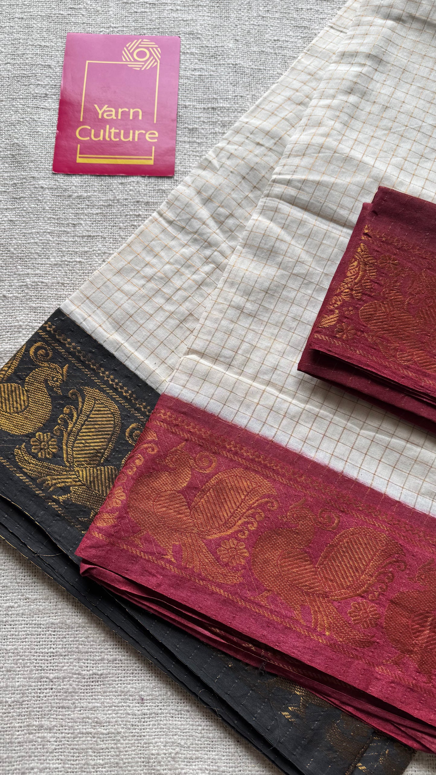 Sungudi cotton checks, ivory gold base, black and maroon dual tone border, soft cotton - YCCOTNAUS35