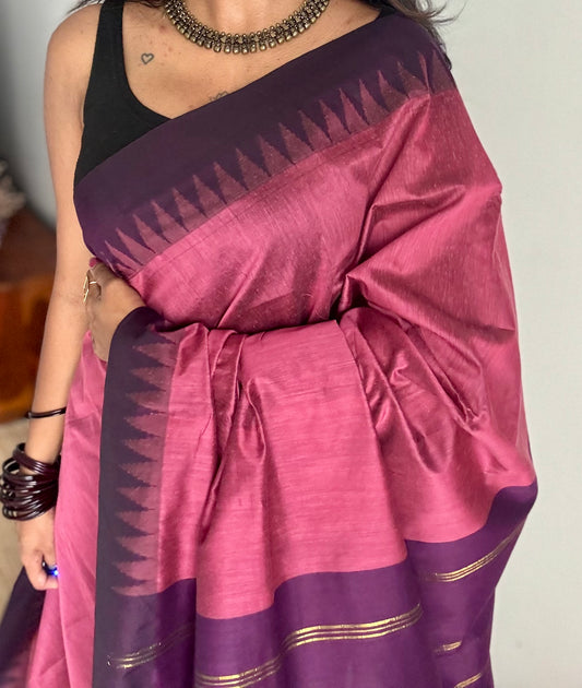 Dusty pink with purple temple border - cotton silk - YCCOTNOCKCS3