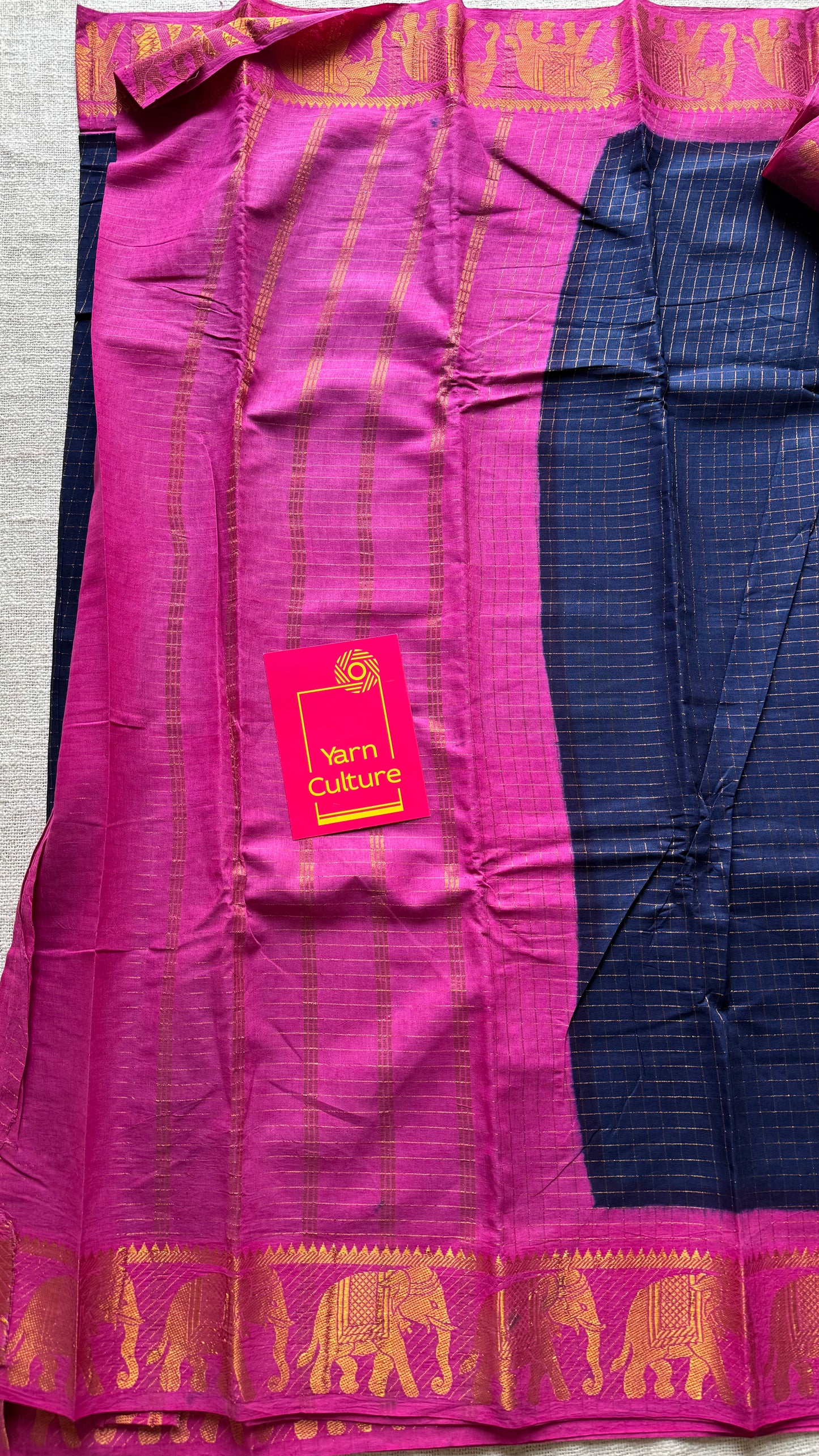 Dark blue with pink checkered sungudi, madurai cotton - YCCOTNOCSC20