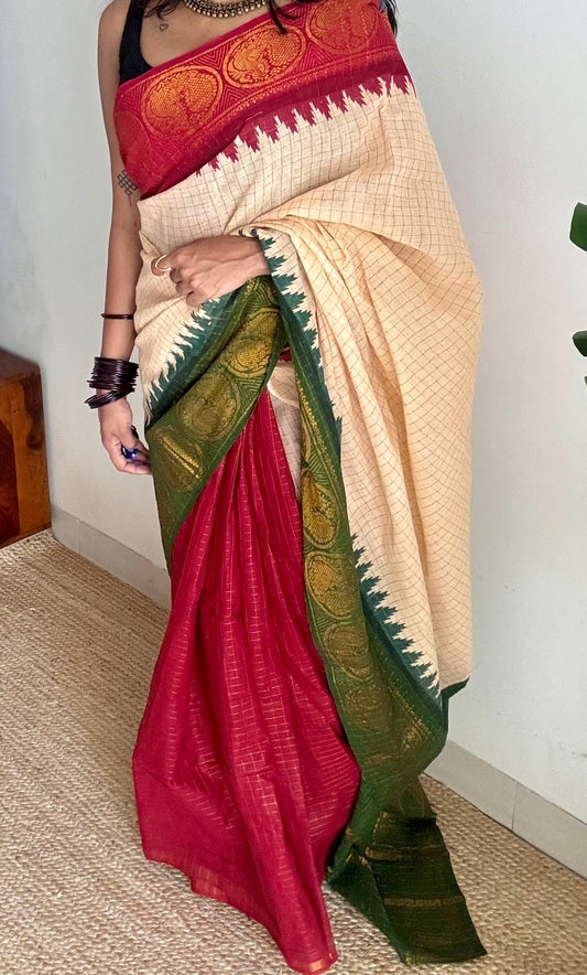 Cream with red and green, sungudi cotton half-half saree - YCCOTNIDOC11