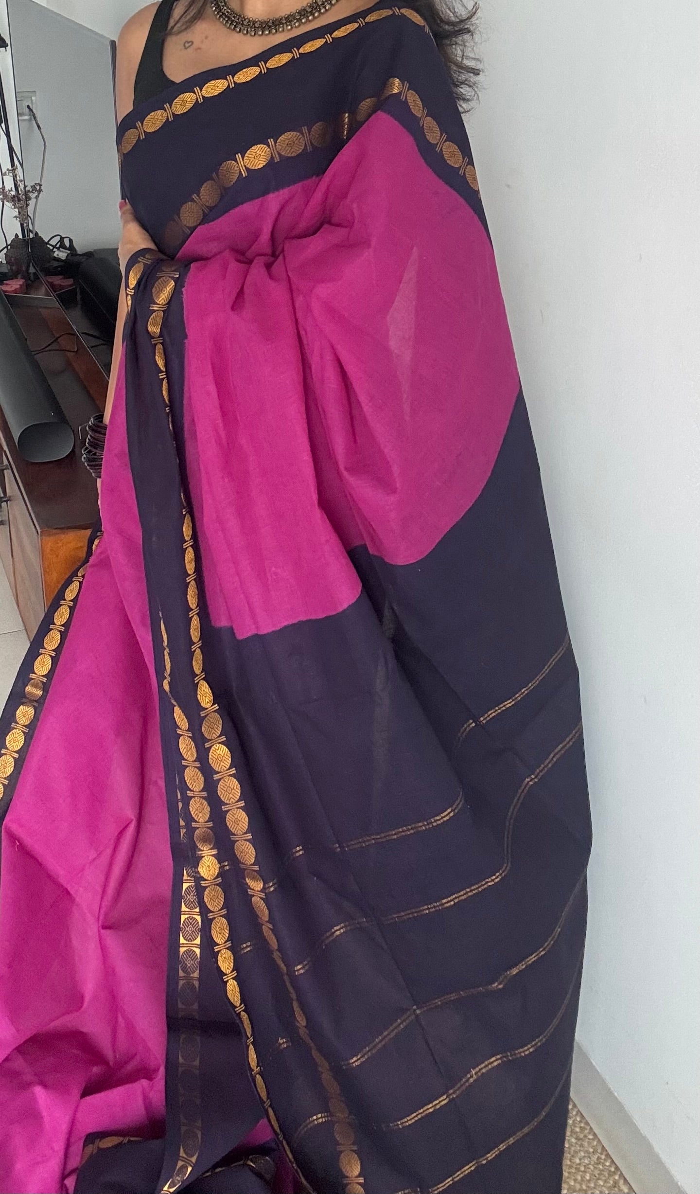 Purple pink with dark blue sungudi, kattuchayam dyed, madurai cotton - YCCOTNOCSC15