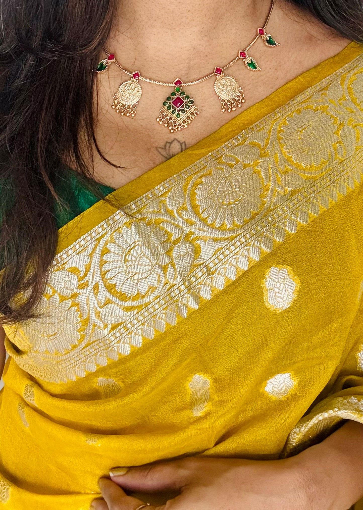 Antique gold multipendants, lakshm coin, ruby and green stones with earrings - YCGPNP456