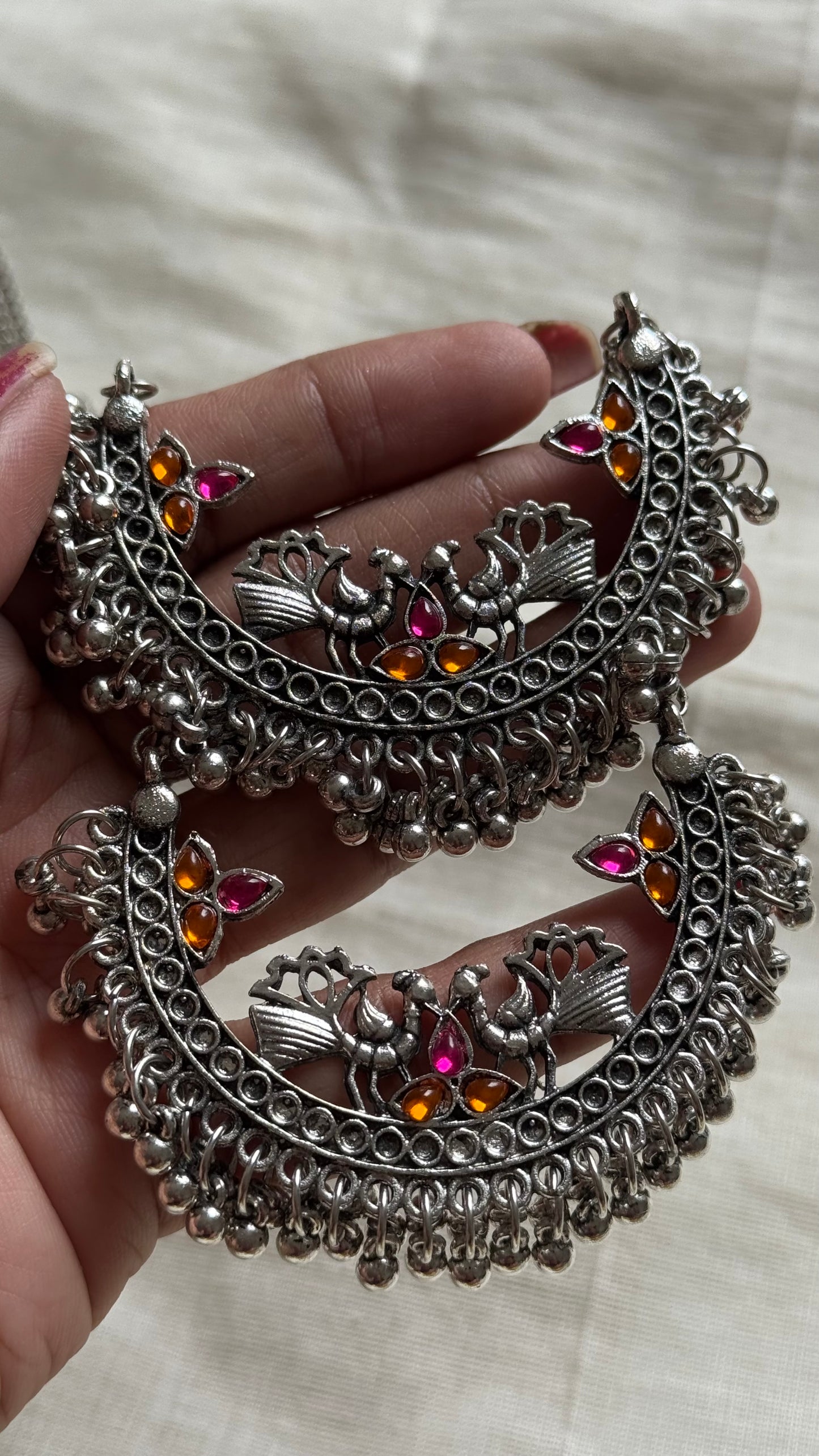 Long neckpiece with peacock pendant, oxidised silver - YCOSNP441