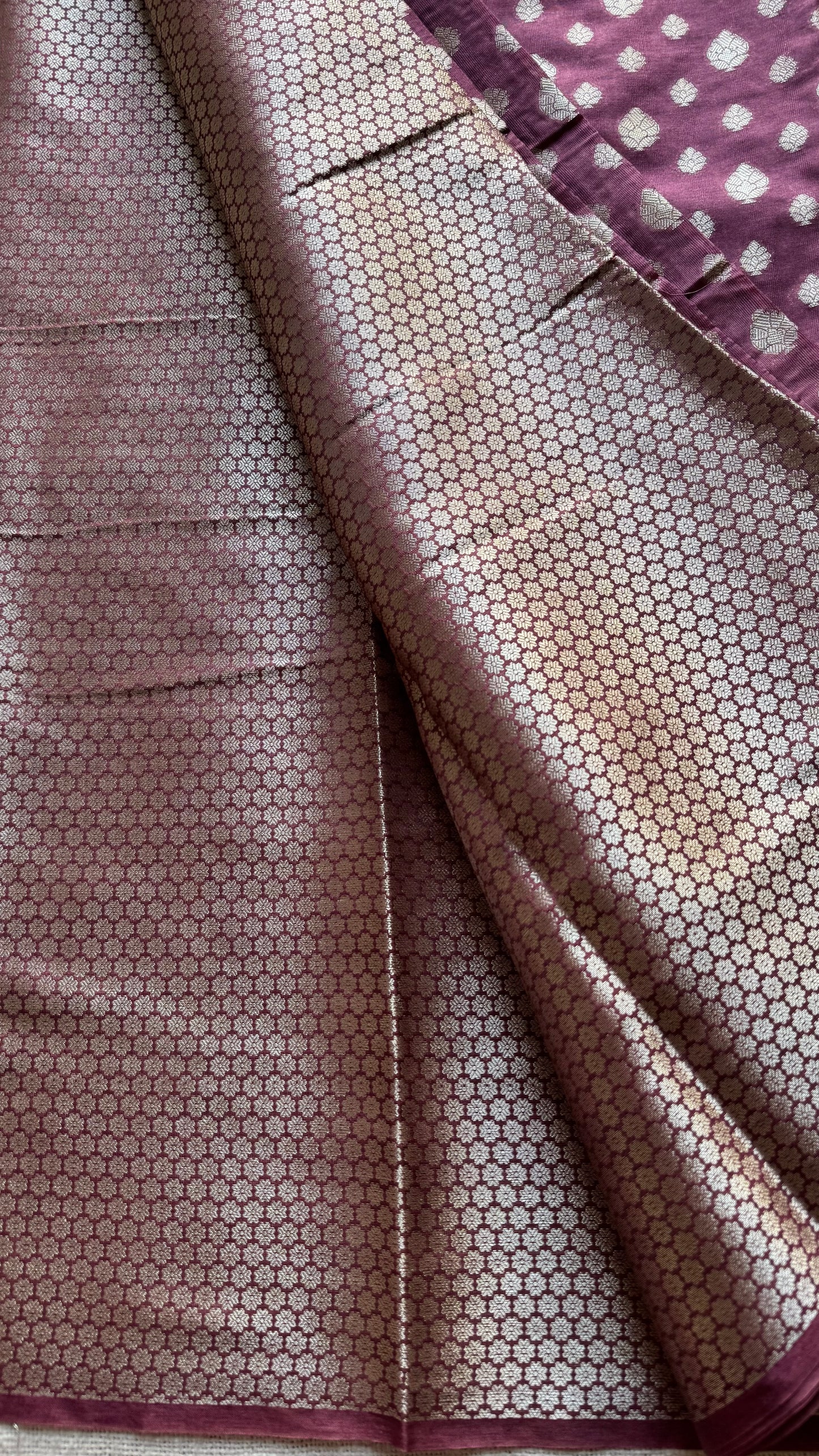 Dark mauve, silver buttas and zari, Banarasi semi-silk - YCDESE38